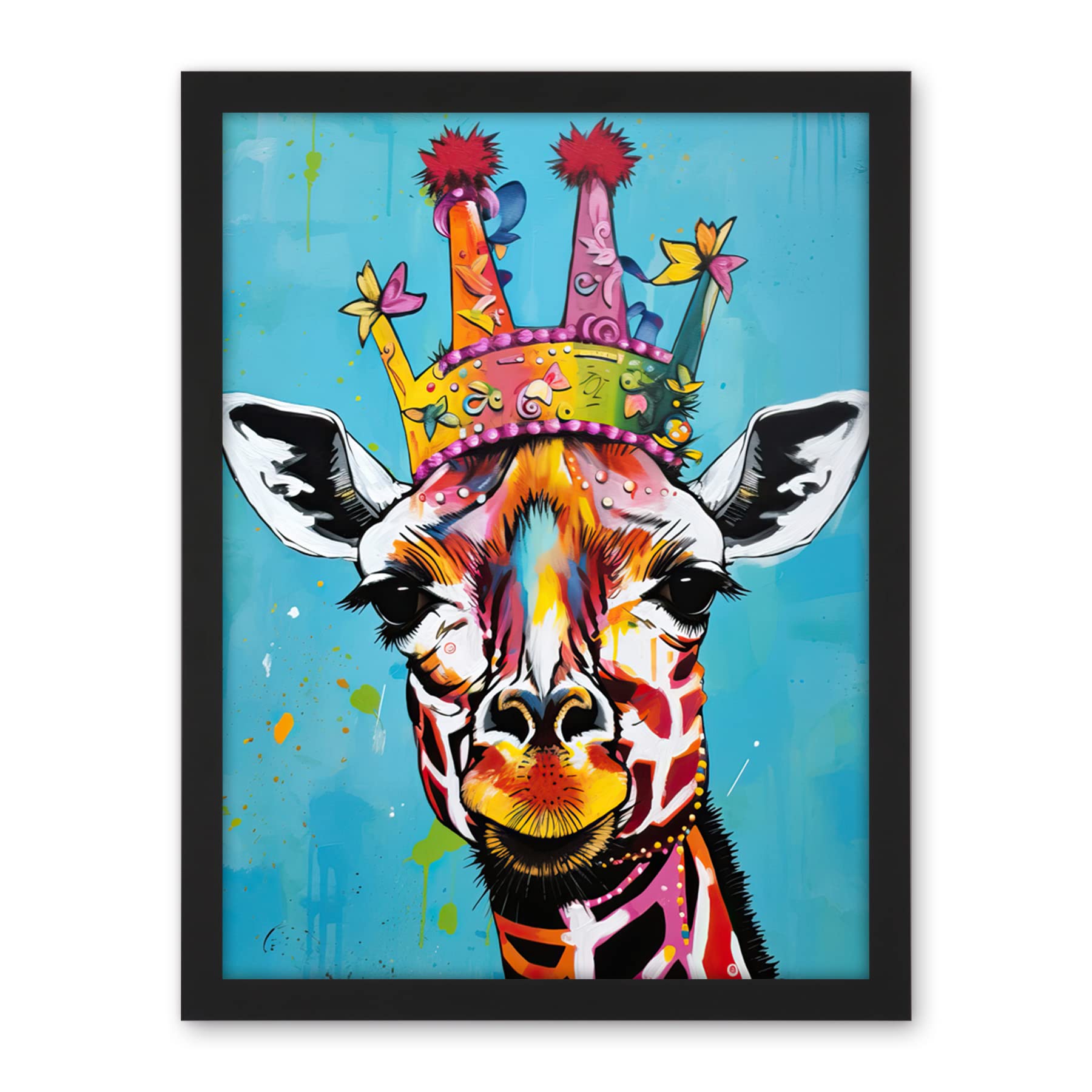 Artery8 Giraffe Wearing Princess Crown Modern Folk Art Artwork Framed Wall Art Print 18X24 Inch