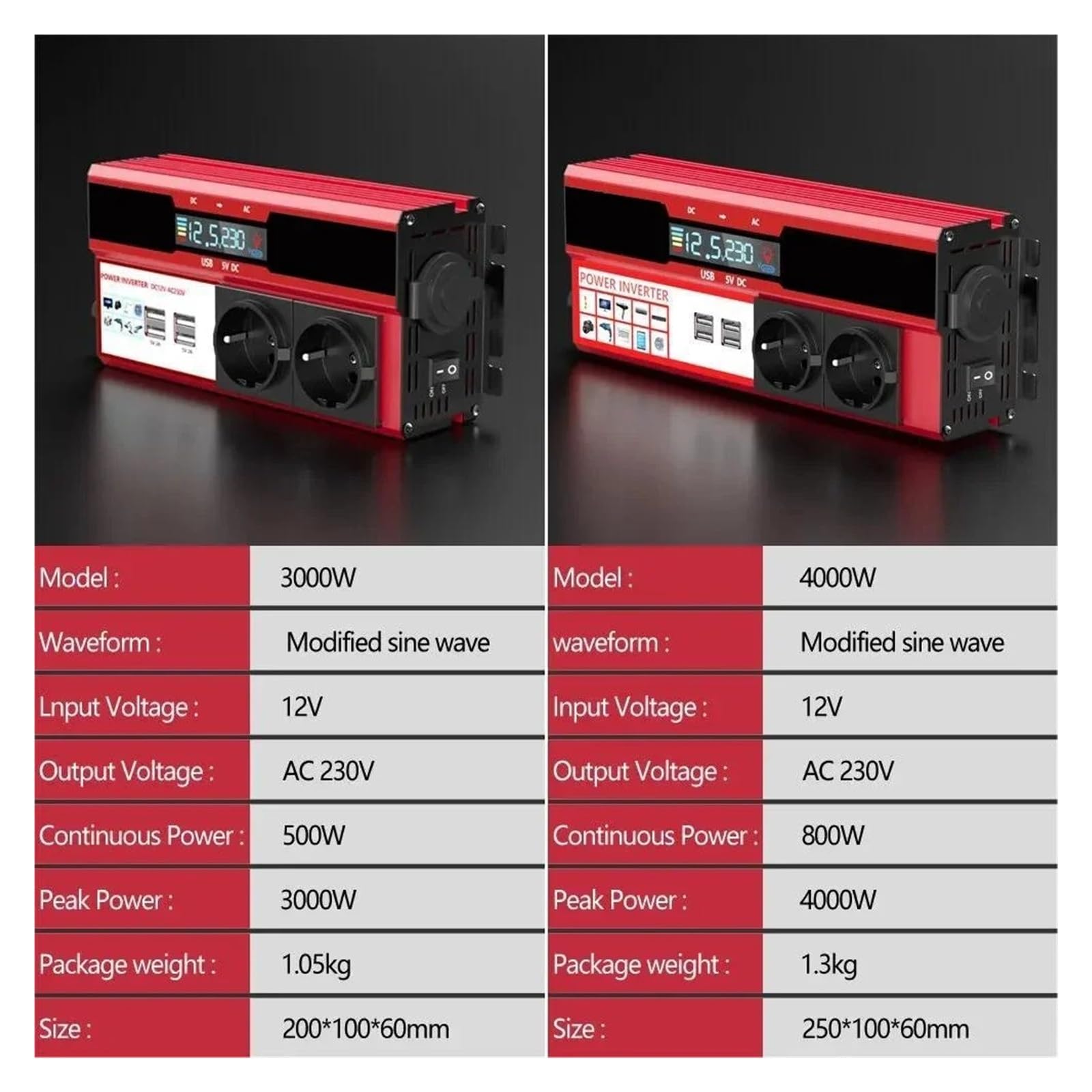 Convertisseur Tension Onduleur 4000 W 3000 W DC 12 V vers AC 220 V 230 V pour Camping-Car Téléphone Voiture Transformateur avec 4 Prises USB UE Affichage LED(4000W)