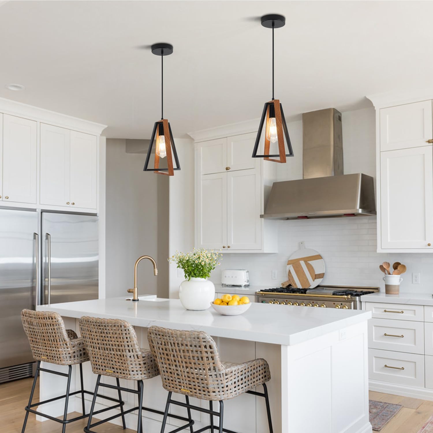 Farmhouse Rustic Wood Pendant Lights Kitchen Island Industrial Black Matte Pendant Lighting Adjustable Rustic Mini Wooden Hanging Light Fixtures for Dining Room Foyer Hallway MPL28-2 (2 Pack)