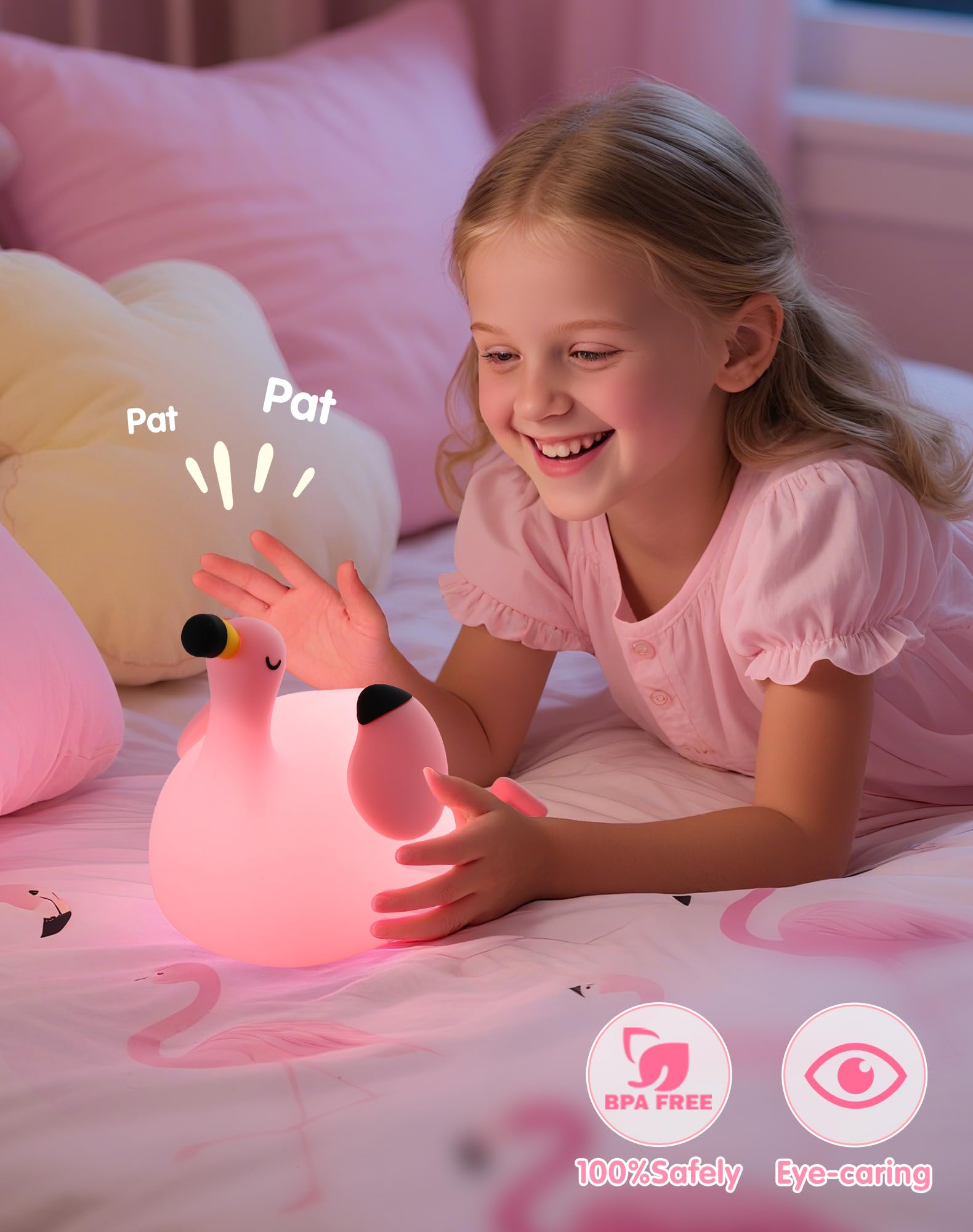 YISUN Veilleuse flamant rose pour enfants, lampe de chevet LED rechargeable en silicone souple avec minuterie, 3 niveaux à intensité variable, jolie veilleuse pour chambre à coucher, salon, salle à