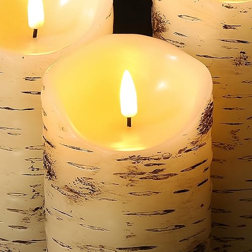 Miniatura 4 de Eywamage Juego de 3 velas de pilar sin llama de corteza de abedul con control remoto, parpadeantes de batería rústica LED de madera