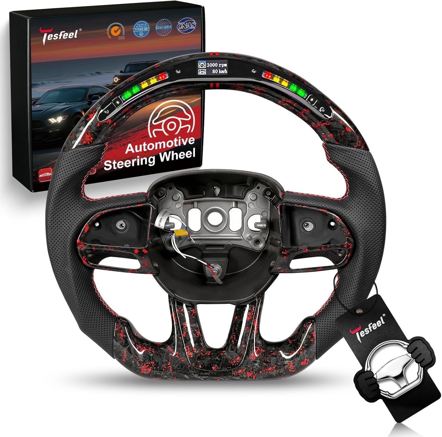 LED Display Forged Carbon Fiber Steering Wheel & Matching Trim for Dodge Challenger&Charger (2015-2024), for Durango - Real-Time RPM Data, Red Foil Pattern, Perforated Leather(Fits SXT/GT/RT)