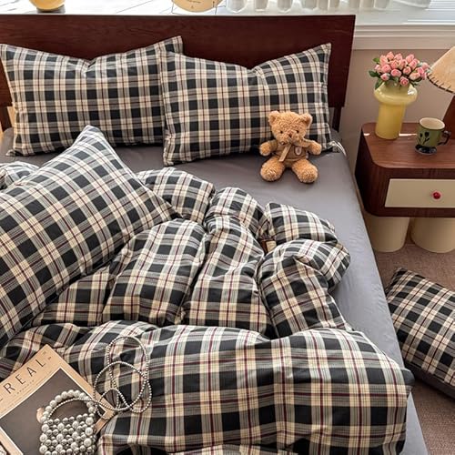 Freyamy Housse de Couette 200x200cm à Carreaux Vichy Noir Gris Parure de lit Adulte 2 Personne avec Fermeture Éclair Moderne Sets de Housse en Microfibre avec 2 Taie d'oreiller 65 x 65cm