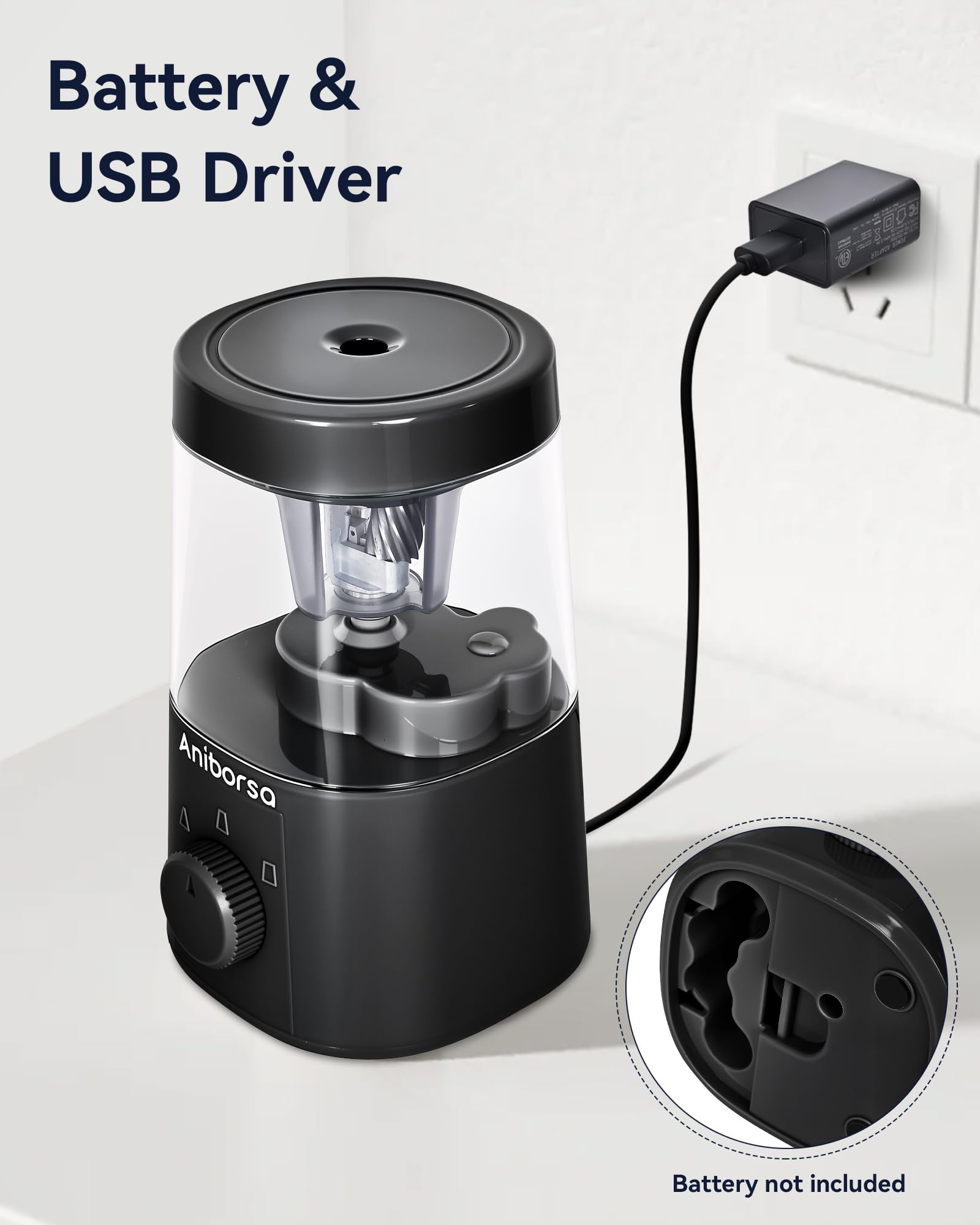 Elektryczna temperówka do ołówków, spiralne ostrze, automatyczna temperówka do ołówków, zasilana baterią/kablem USB, regulowana ostrość do ołówka 6-8 mm, klasy, szkoły, biura, domu, czarna