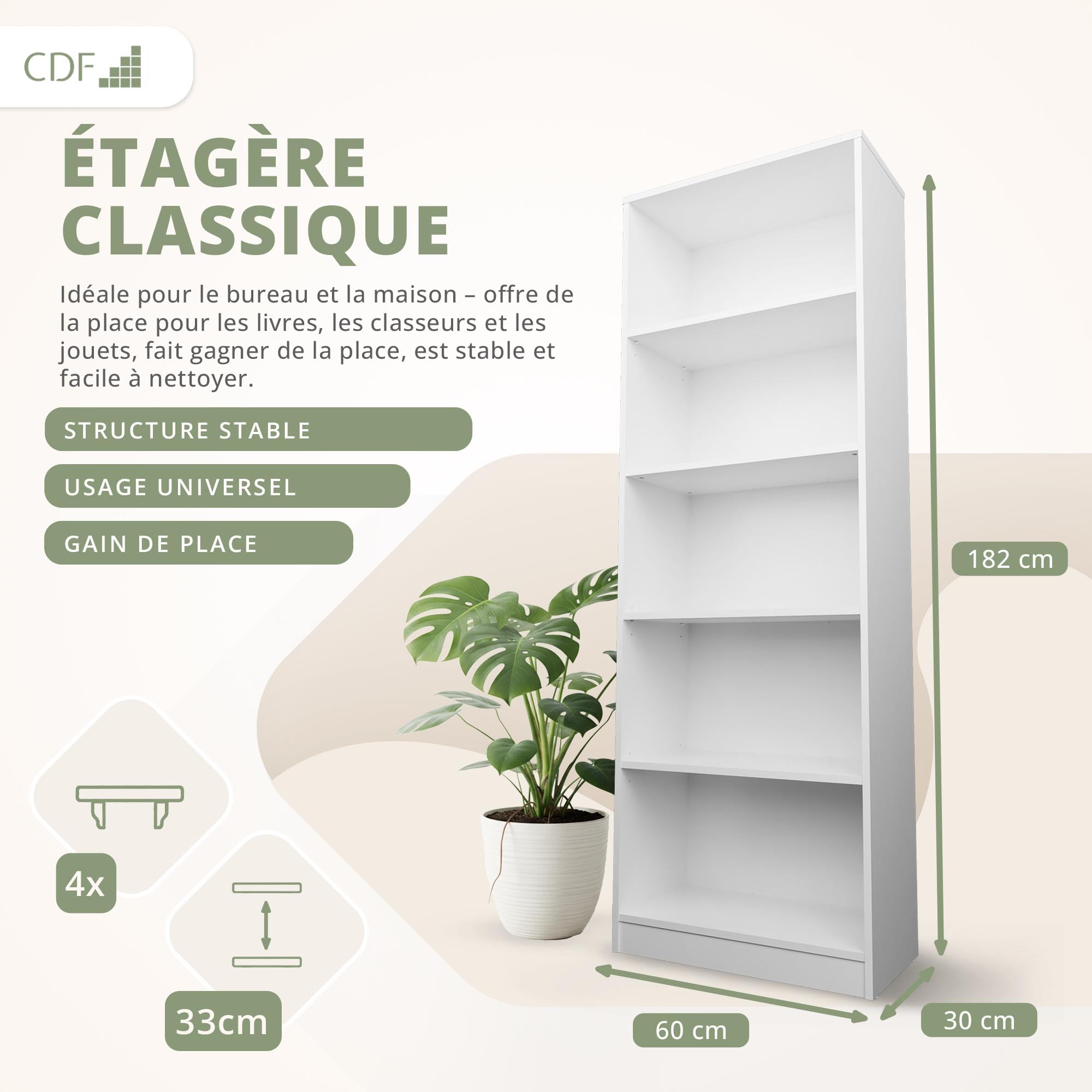 CDF Bibliothèque Ouverte Meuble à Case de Rangement avec Compartiments Colonne pour Bureau Salle à Manger Home Office Salon Livres Dossiers Décoration Chambre Modern Vertical - Blanc 60 cm