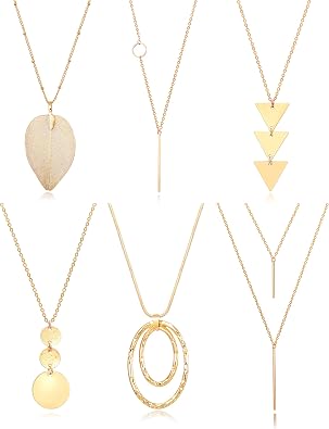 Fesciory 6 PCS Long Pendant Necklace for Women, Gold Bar Circle Leaf Triangle Tassel Y Necklace Set | Gold Plated Bar, Circle, Leaf, Triangle and Disc Pendant, Adjustable Fit, Long Necklace Jewelry Gifts for Loves
