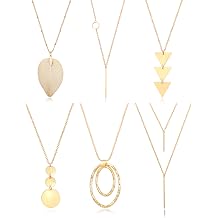 Fesciory 6 PCS Long Pendant Necklace for Women, Gold Bar Circle Leaf Triangle Tassel Y Necklace Set