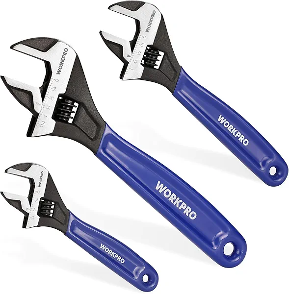 WORKPRO 3-piece Adjustable Wrench Set, 6-Inch & 8-Inch & 10-Inch Wrenches, Wide Jaw Black Oxide Wrench, Metric & SAE Scales, Cr-V Steel, for Home, Garage, Workshop 6 & 8 & 10 inch Blue
