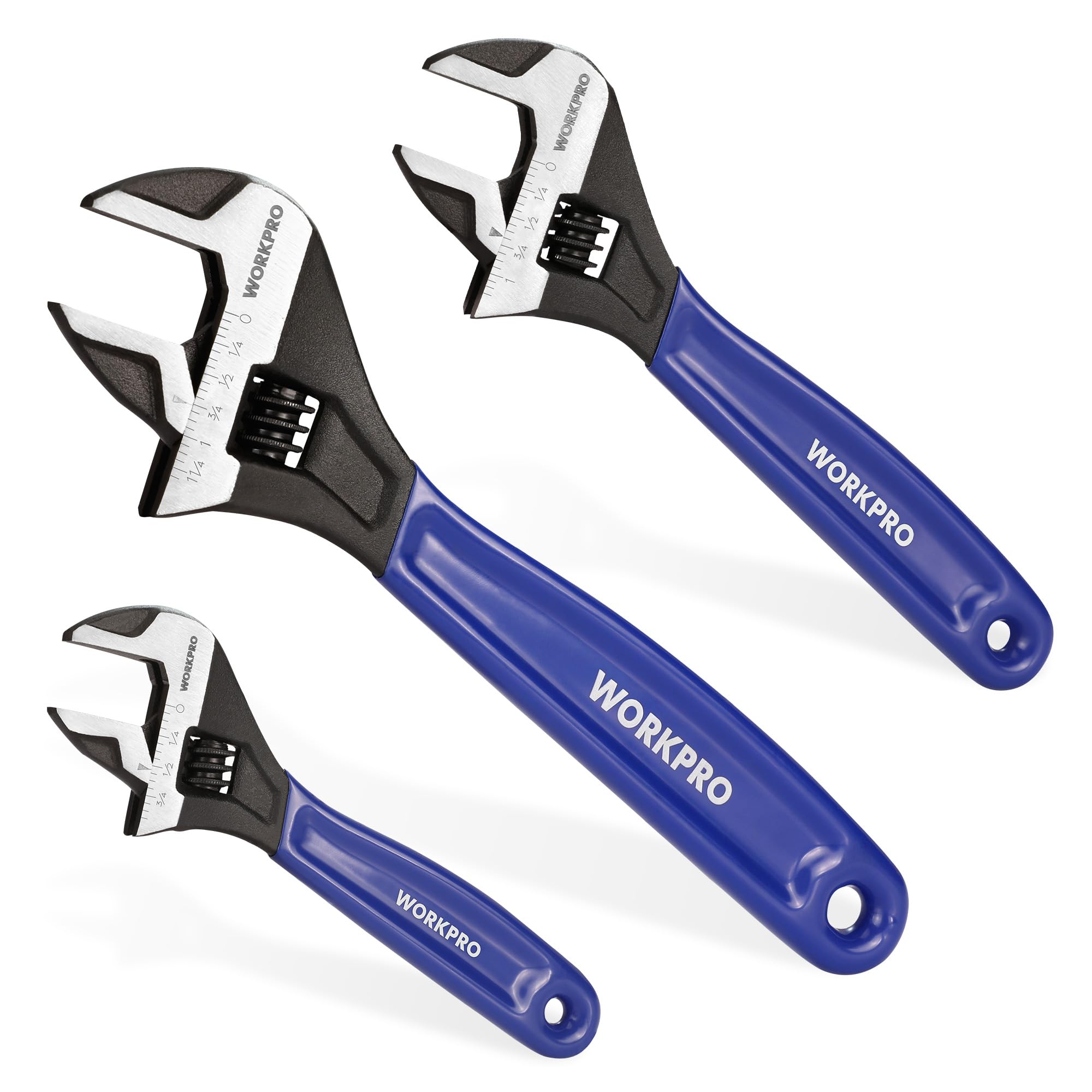 WORKPRO 3-piece Adjustable Wrench Set, 6-Inch & 8-Inch & 10-Inch Wrenches, Wide Jaw Black Oxide Wrench, Metric & SAE Scales, Cr-V Steel, for Home,
