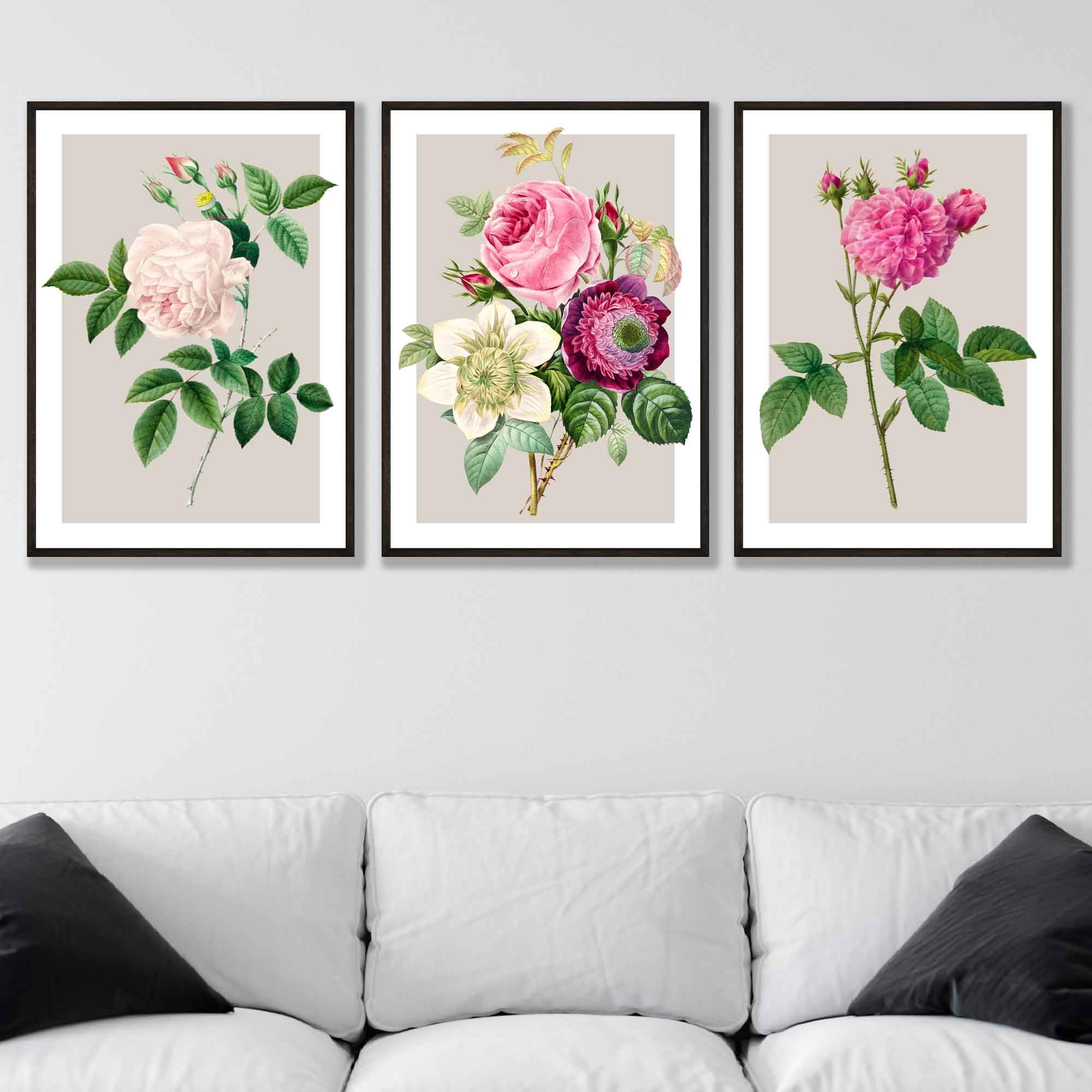 ARTZE Set of 3 Vintage Summer Flowers Roses Wall Art Black Frames Size: (A2-45 x 62 cm)