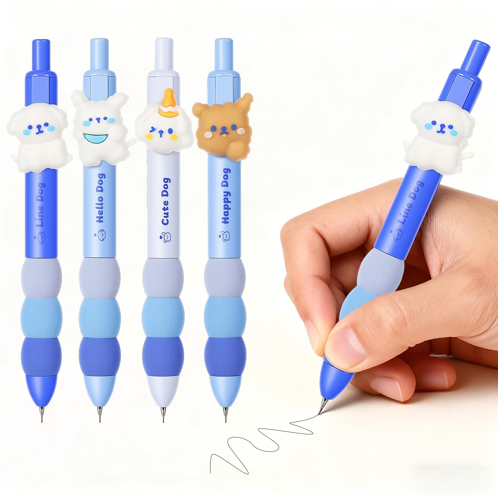 Lot de 4 porte-mines en forme de chien mignon avec gomme de 0,5 mm - Crayons mécaniques kawaii de dessin animé - Cadeau pour femme et homme