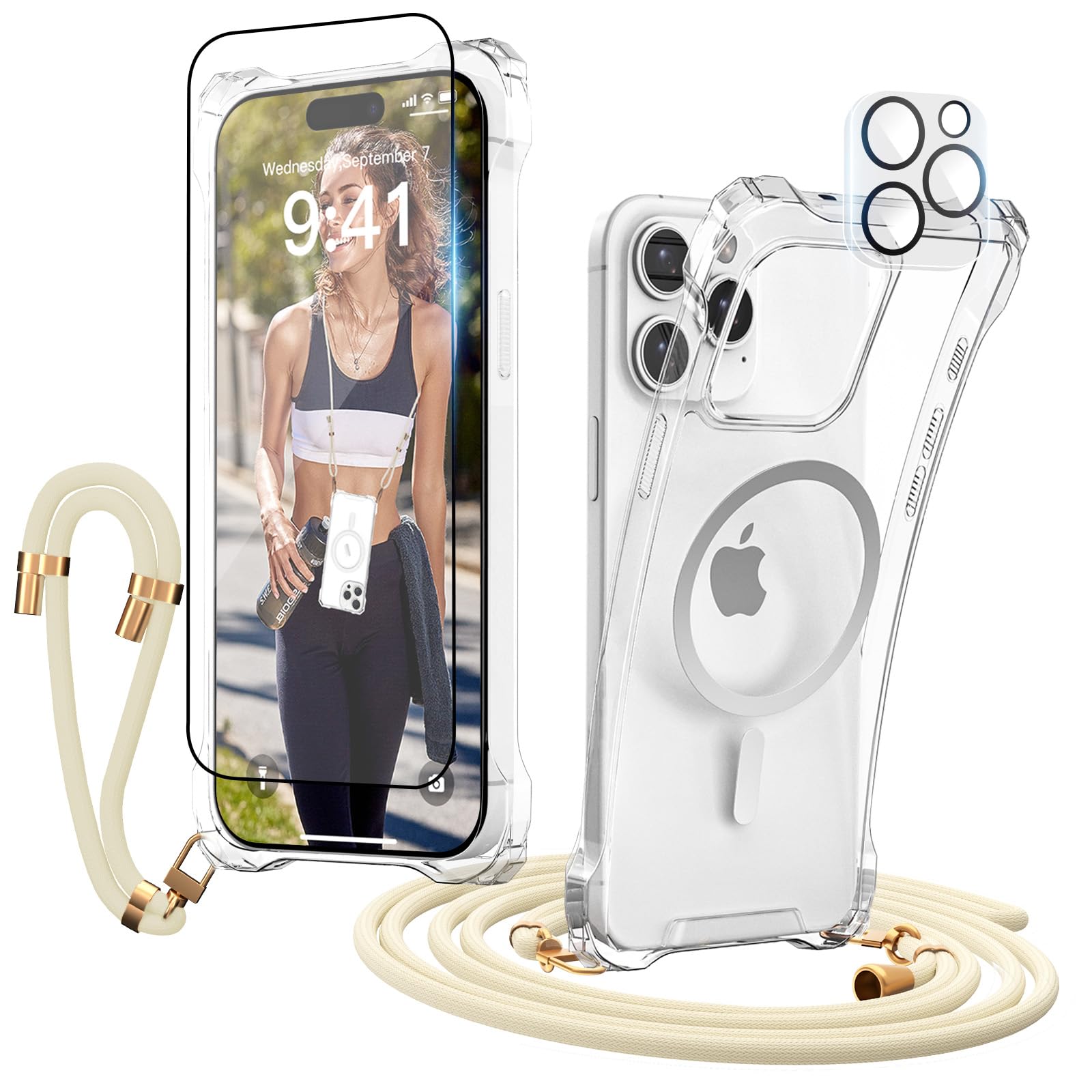 GUtttGU Handyband Abnehmbar für iPhone 15 Pro Max Hülle mit Band, Beige Langes Band zum Umhängen & Kurzkordel Handgelenk, Transparent Handyhülle Kompatibel mit Magsafe + Schutzfolie + Kameraschutz