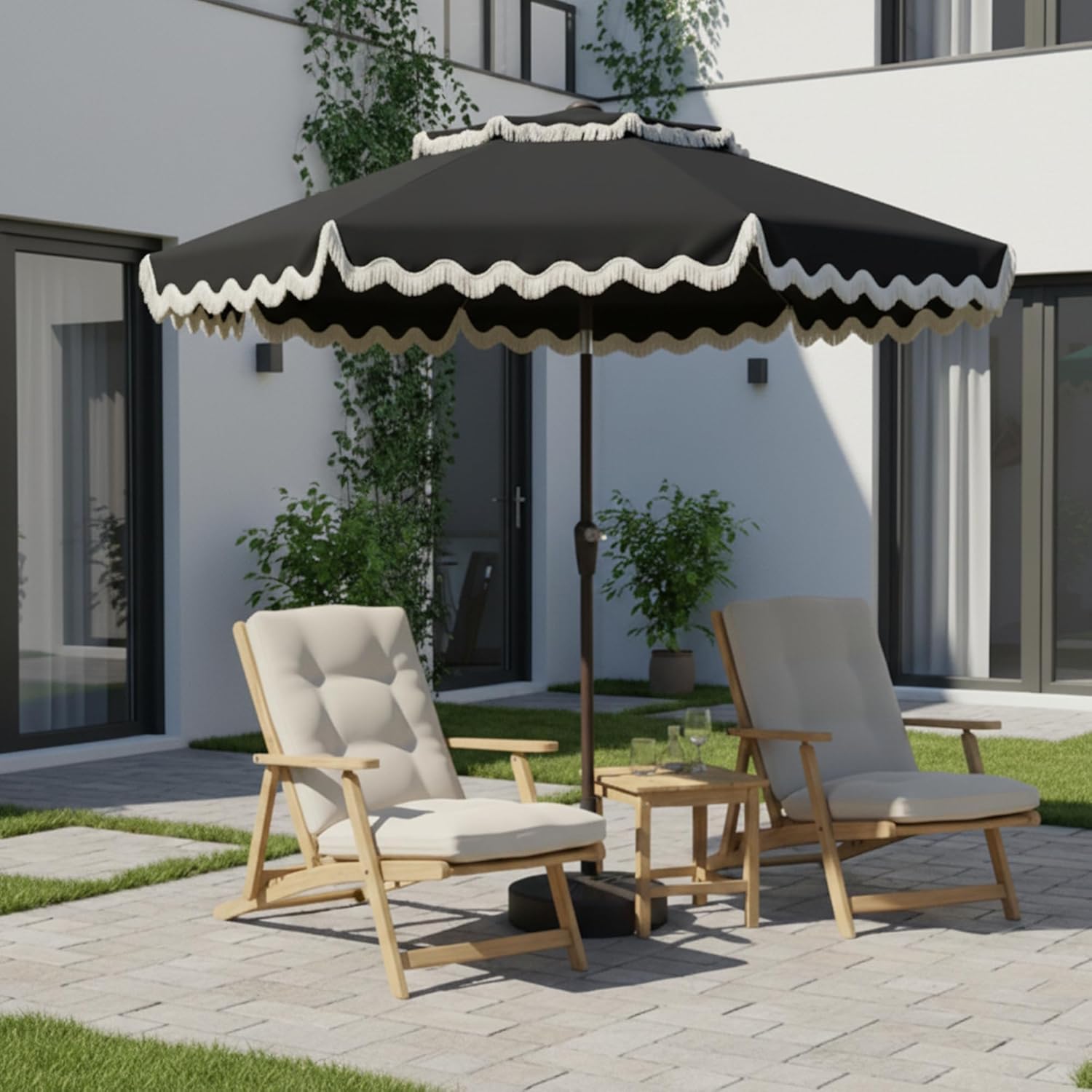 9FT Patio Umbrella with Fringe,Tassel Umbrella with Push-Button Tilt | UPF 50+ & Rust-Resistant Fiberglass Frame for Patio, Pool,Garden,Yard(Black)