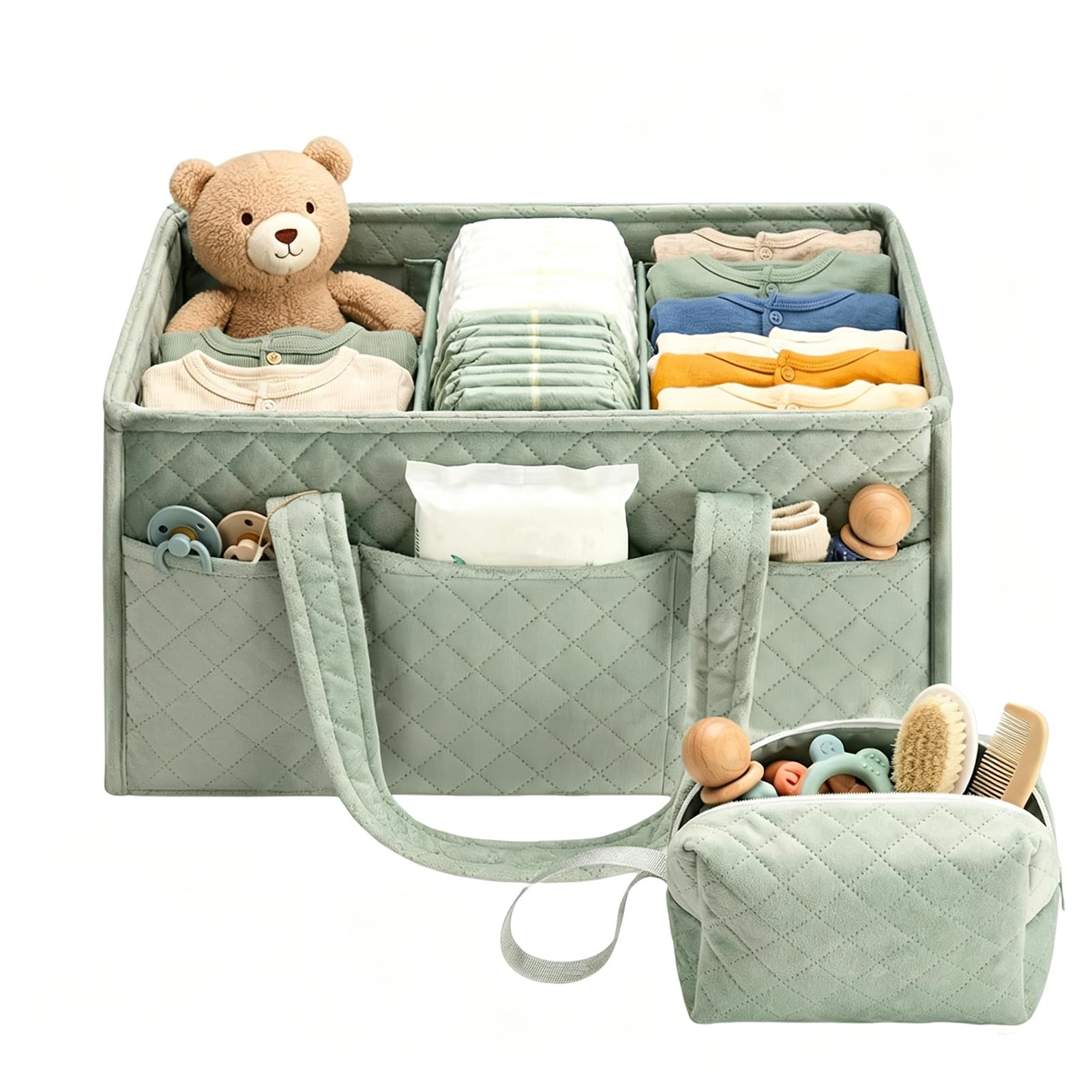 Wickeltisch Organizer, Groß Wickeltasche Organizer mit Kleine Aufbewahrungstasche, Wickelkorb mit Griffen & Herausnehmbare Trennelemente, Wickelorganizer für Wickel und Babysachen (Salbeigrün)