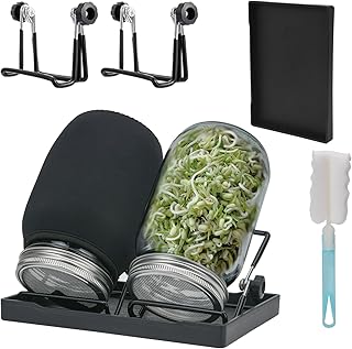 Deefongo Sprouting Kit 2 pcs, 1000ml Wide Mouth Quart Jars Sprouts Growing Kit with Screened Sprouting Lids, Holder and Canning Brush for Growing Broccoli, Alfalfa, Mung Beans… (Black)