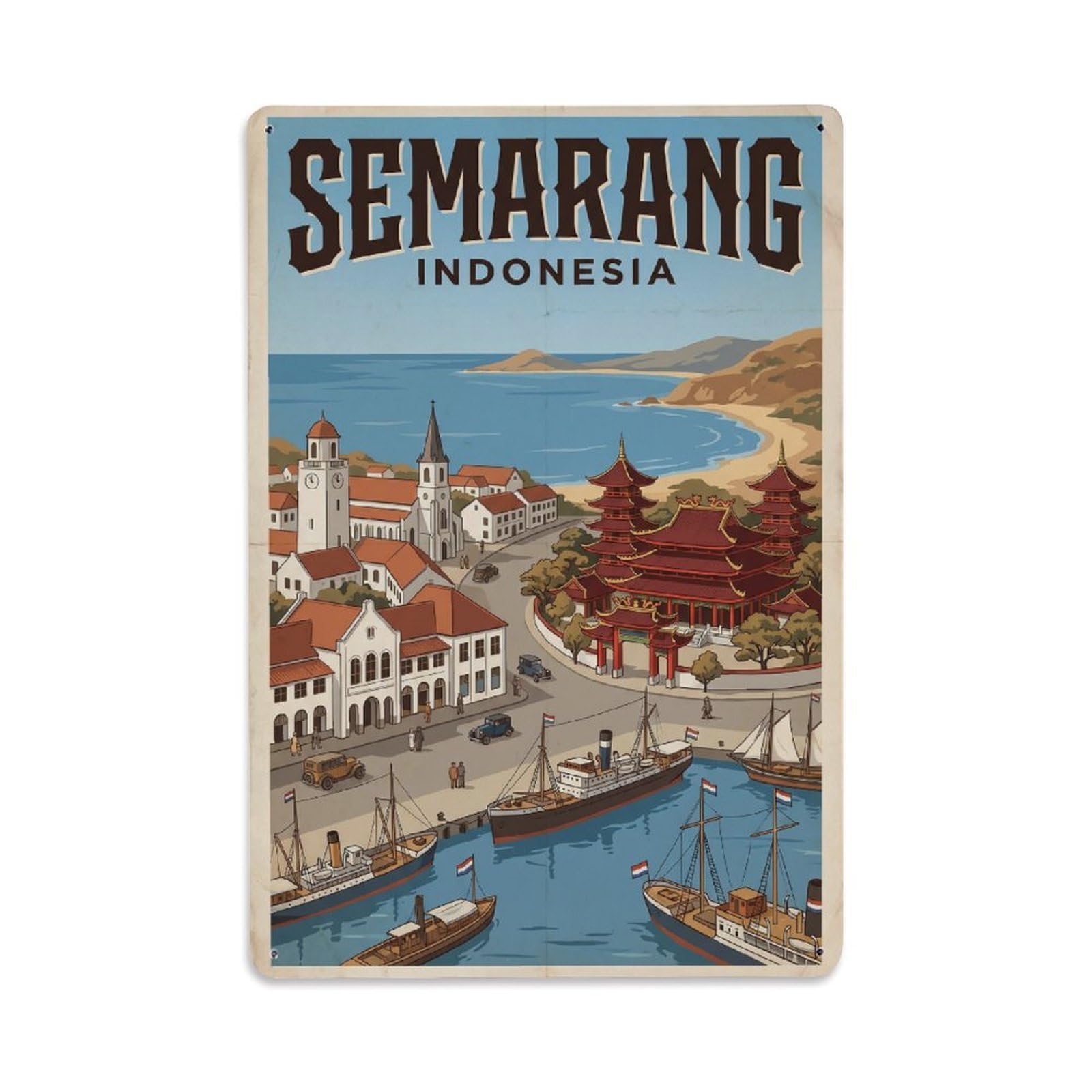 Travel Indonesia Semarang Retro Metal Tin Sign Plaque Wall Decor for Cafe, Club Bar, Office, Garden Metal Poster 8x12Inch