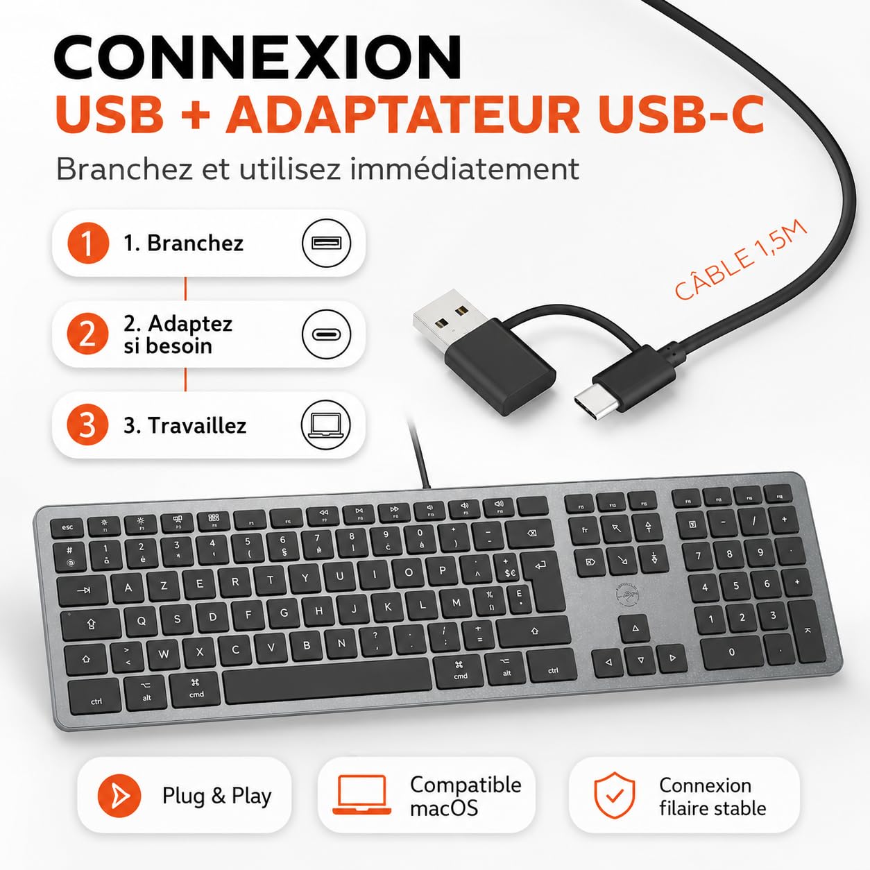 Mobility Lab Clavier français AZERTY filaire pour Mac – gris sidéral et noir