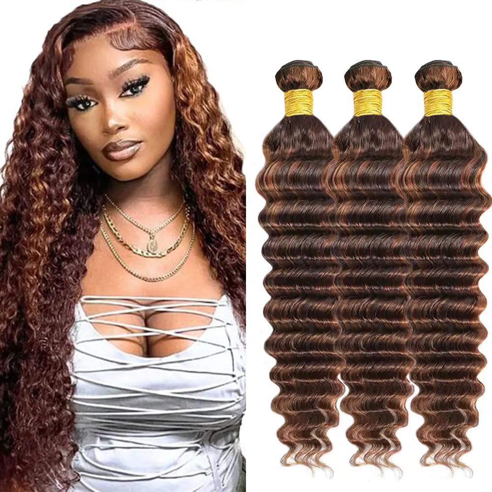 Creuost Human Hair Bundles Deep Wave P4/30 Highlight Brown Color 28 30 32 Inch High Density Natural Color Knotless Human Hair Extension For Woman 3 Bundles Total 300g