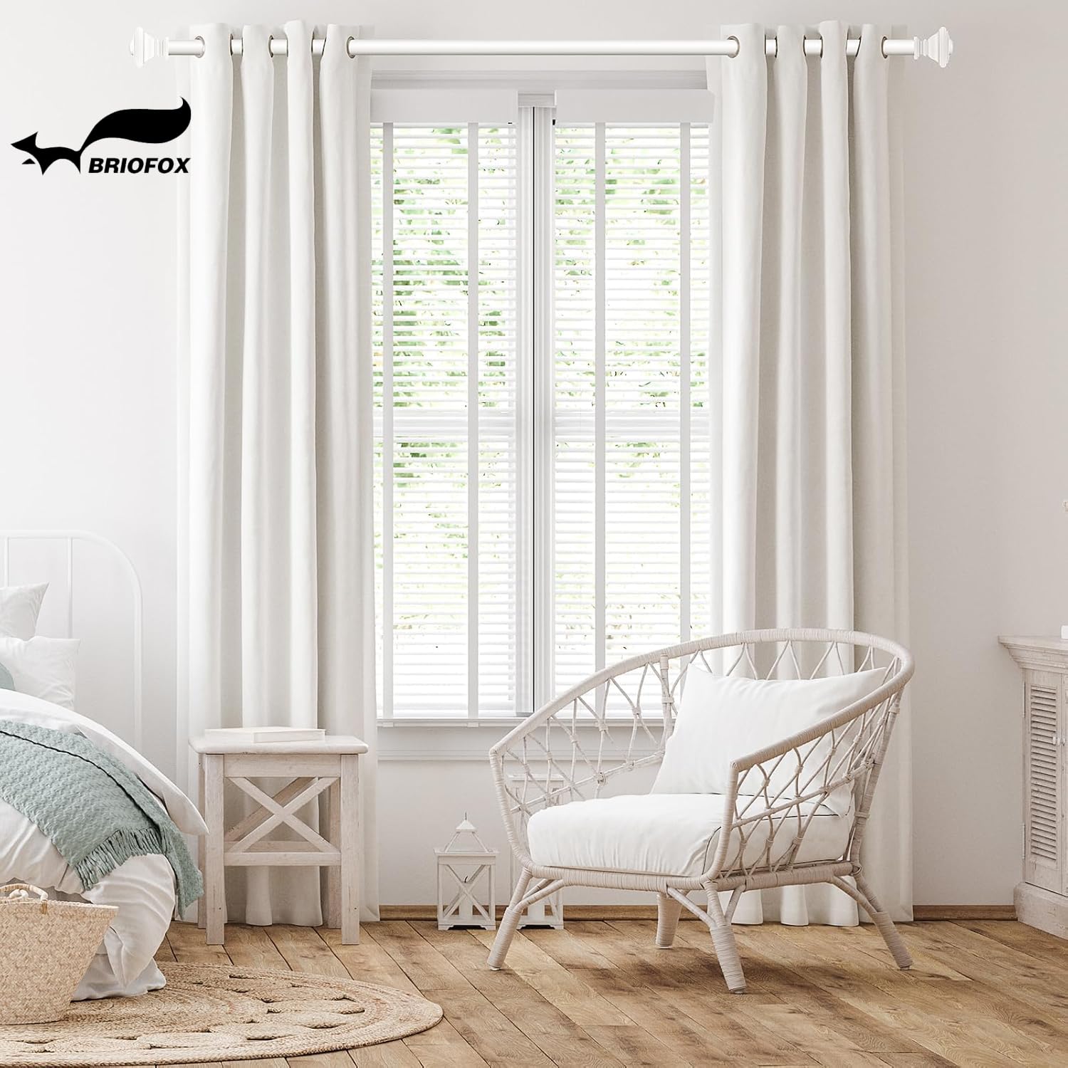 BRIOFOX white Curtain Rods for Windows 48 to 84 Inch Adjustable Length 1 Inch Diameter Heavy Duty Window Curtain Rods for Indoor Ourdoors With Classic Square Finials