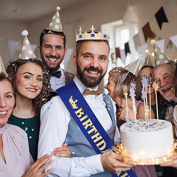 Amairver King Crown and Sash for Men - Gold Blue Kings Tiaras for Birthday Party Decorations