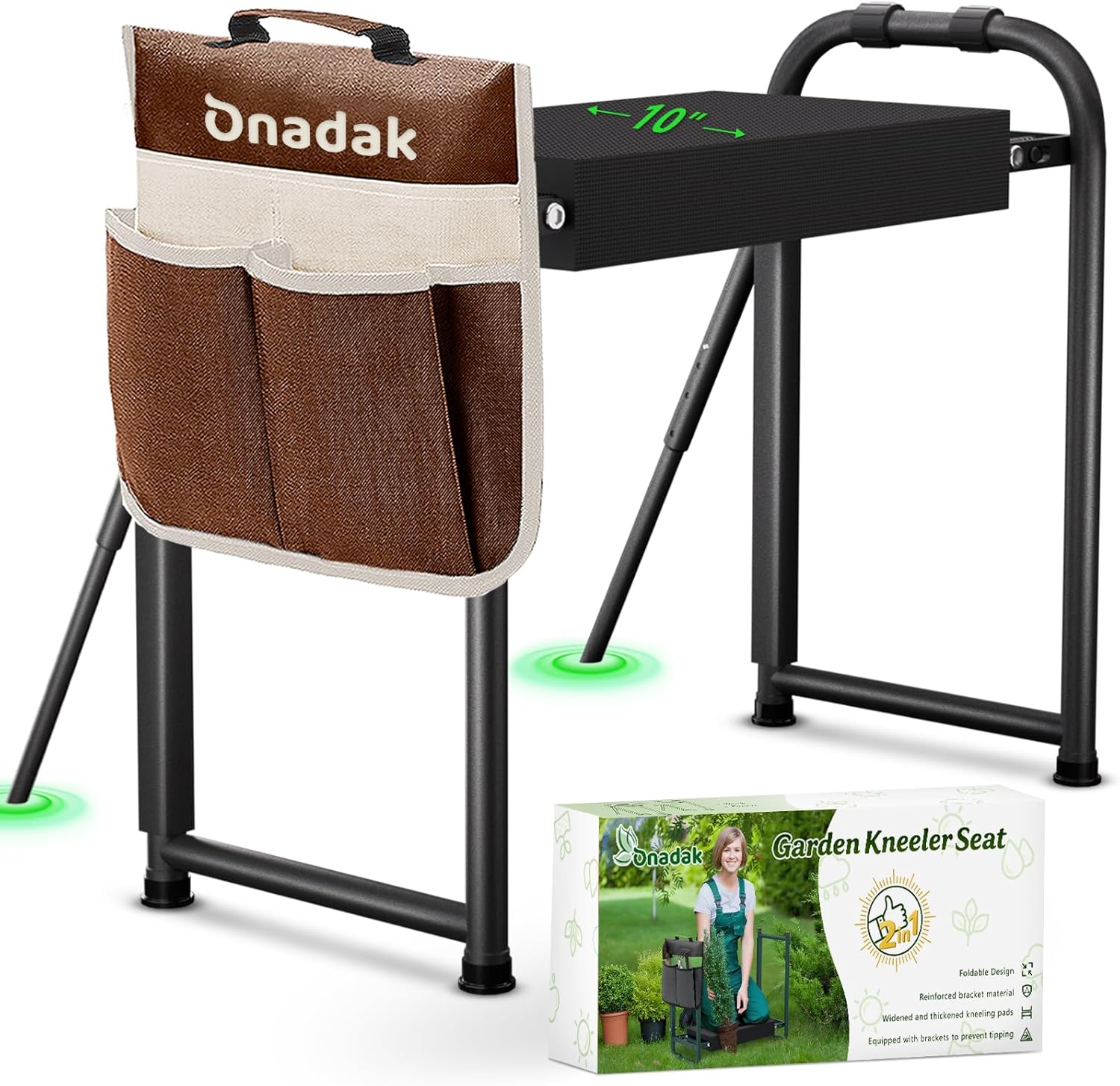 Onadak Heavy Duty Garden Kneeler and Seat for Elderly, 400lbs Capacity Foldable Gardening Stool with Support Legs & Thick Pad, Includes Large Tool Organizer Bag, Black