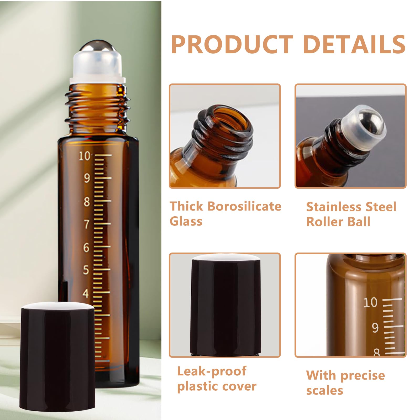 THINTON Roll on - Bottiglia vuota da 10 ml, 8 bottiglie di vetro Roll on per olio essenziale, ricaricabili, per oli, profumi, cosmetici, massaggi