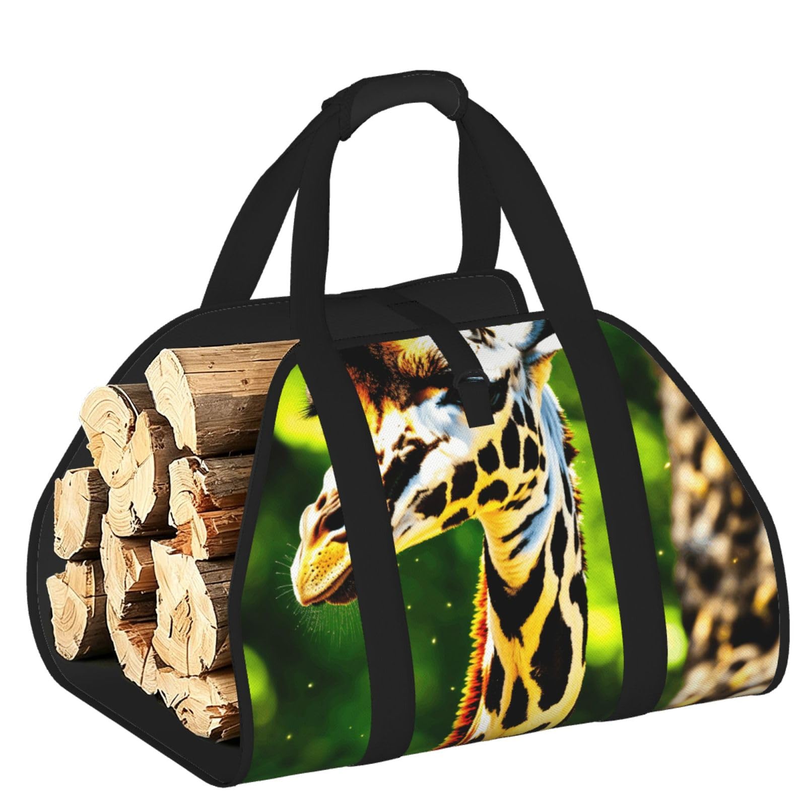 Pphgut Black Clever Giraffe Print Firewood Bag Wood Carrier Transport Sack Camping Picnic Storage Daily Home