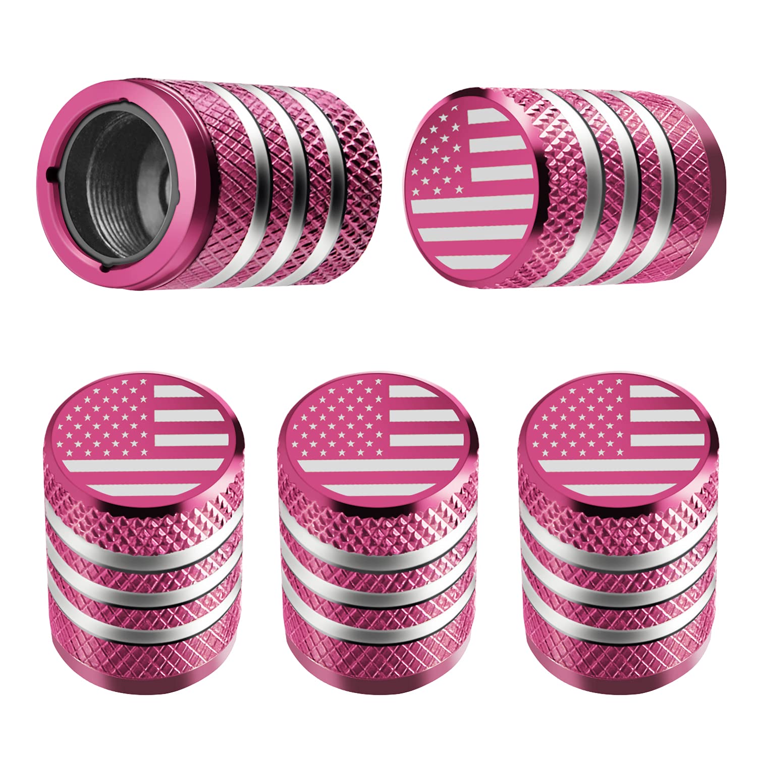 Tire Valve Stem Cap Cover - (5 Pack) Tire Air Cap Metal with Plastic Liner Corrosion Resistant Leak-Proof American Flag for Car Truck Motorcycle Bike Pink