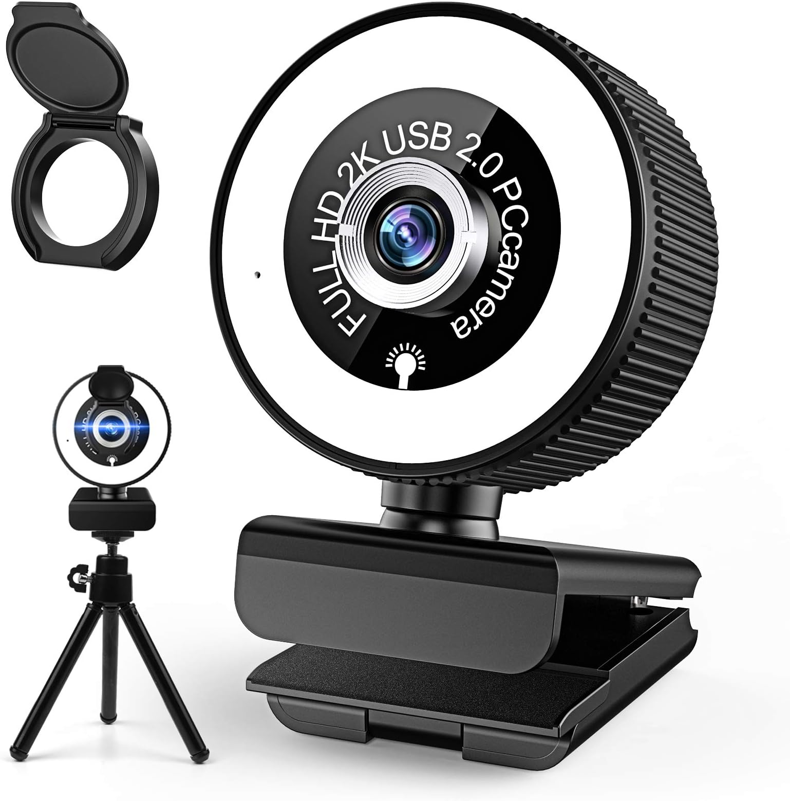 2K HD Webcam with Built in Adjustable Ring Light with Noise Reduction Microphone,Plug & Play USB Webcam for PC, MAC, Laptop, Youtube, Video Call, Live broadcast, Study, Meeting, (Black)
