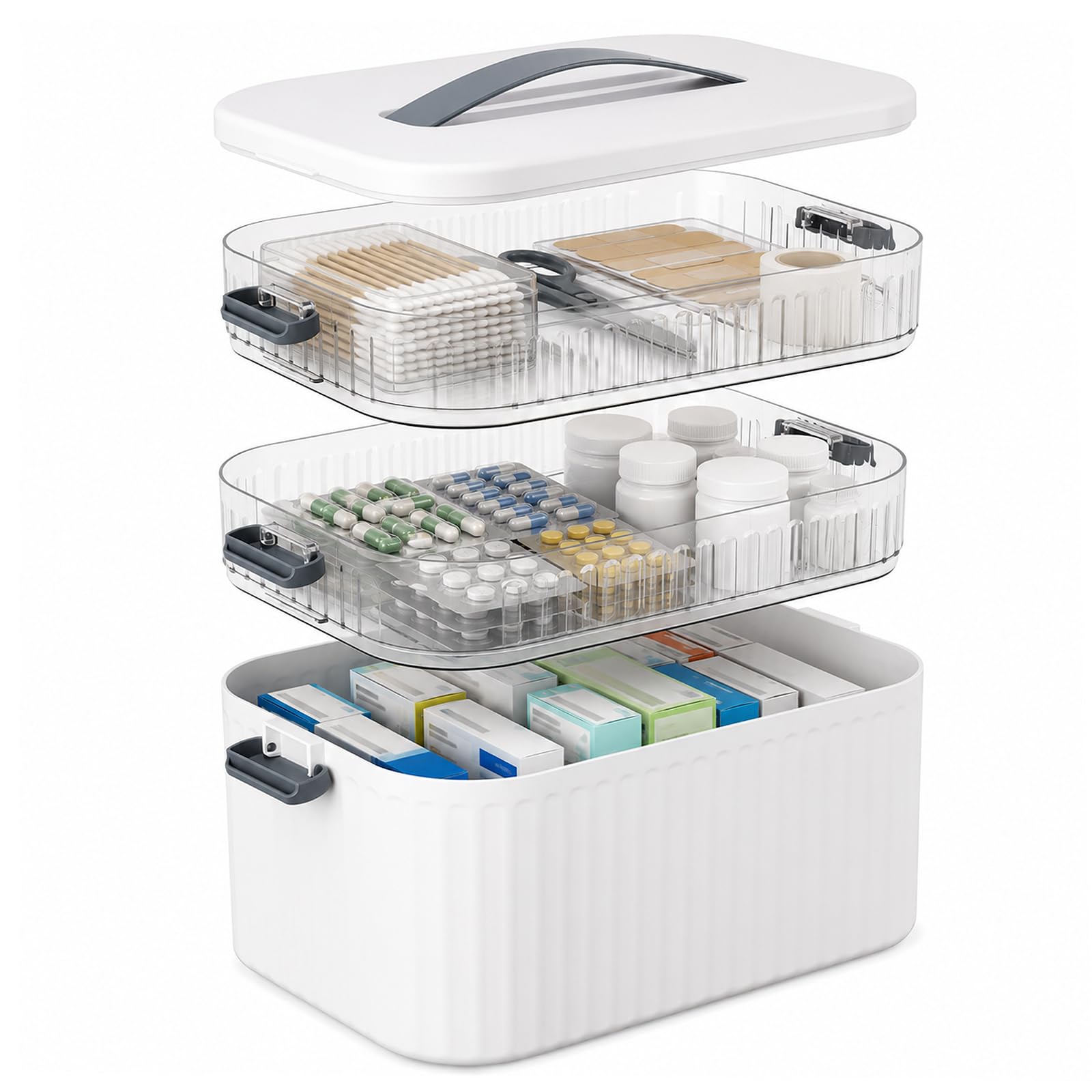 3 Layer Plastic Medicine Storage Box with Handle, Portable Medicine Container First Aid Box Empty, Large Household Medication Storage Box Medical Organiser for Home Cabinet Office Travel Car School