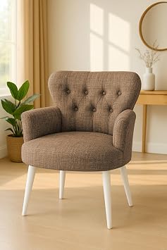 Berjer Tekli Koltuk - Kapitoneli Keten Kuma  - Beyaz Ah ap Ayakl  - Retro Modern Tasar m Kahverengi