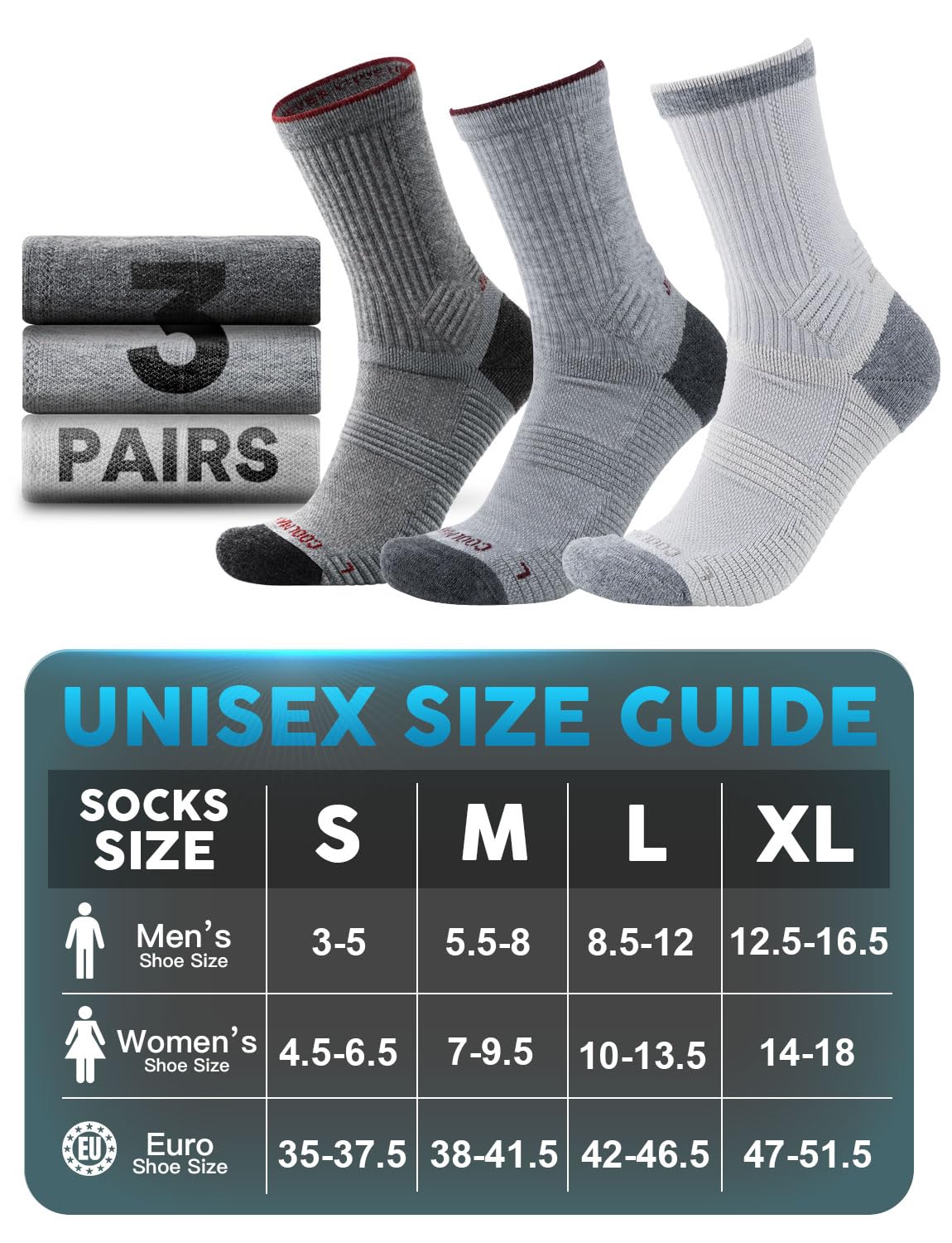 Juclise Hiking Socks for Men,Merino Wool Cushioned Socks,Moisture Wicking & Anti-Blister,Breathable - 3-Pair (US, Alpha, X-Large, Regular, Regular, Charcoal + Taupe + Pebble Gray)