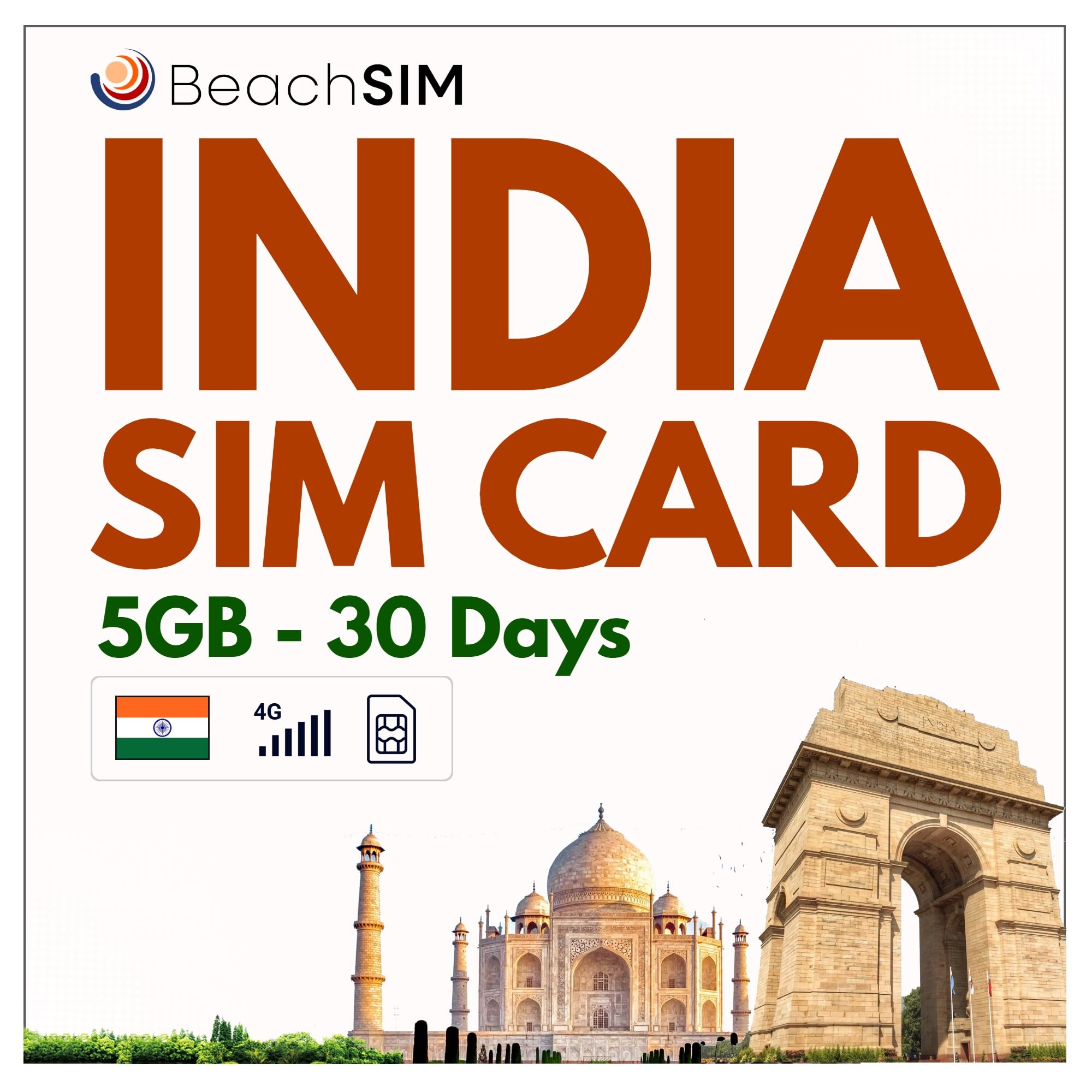 Tarjeta SIM India 30 dias. 5GB de Datos a velocidades 4G/5G. Solo SIM de Datos prepago. Activación rápida. Fácil Recarga. Funciona en Dispositivos iOS y Android.