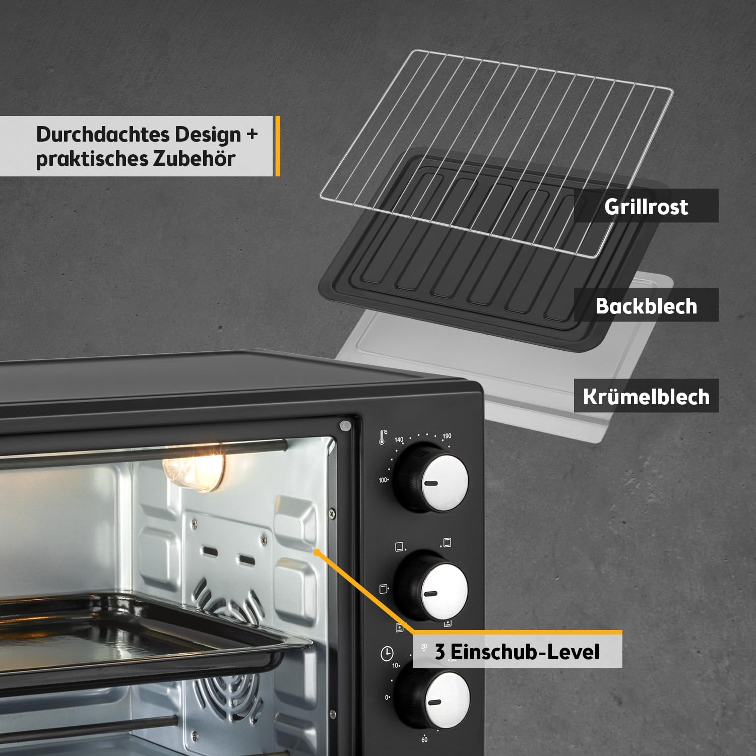 TZS First Austria - Minibackofen 20L 1380W - Mini Backofen stufenlose Temperaturregelung bis 230°C - Miniofen 60 Min. Timer, 3 Einschubhöhen, Backblech & Grillrost - Für kleine Küchen & Camping