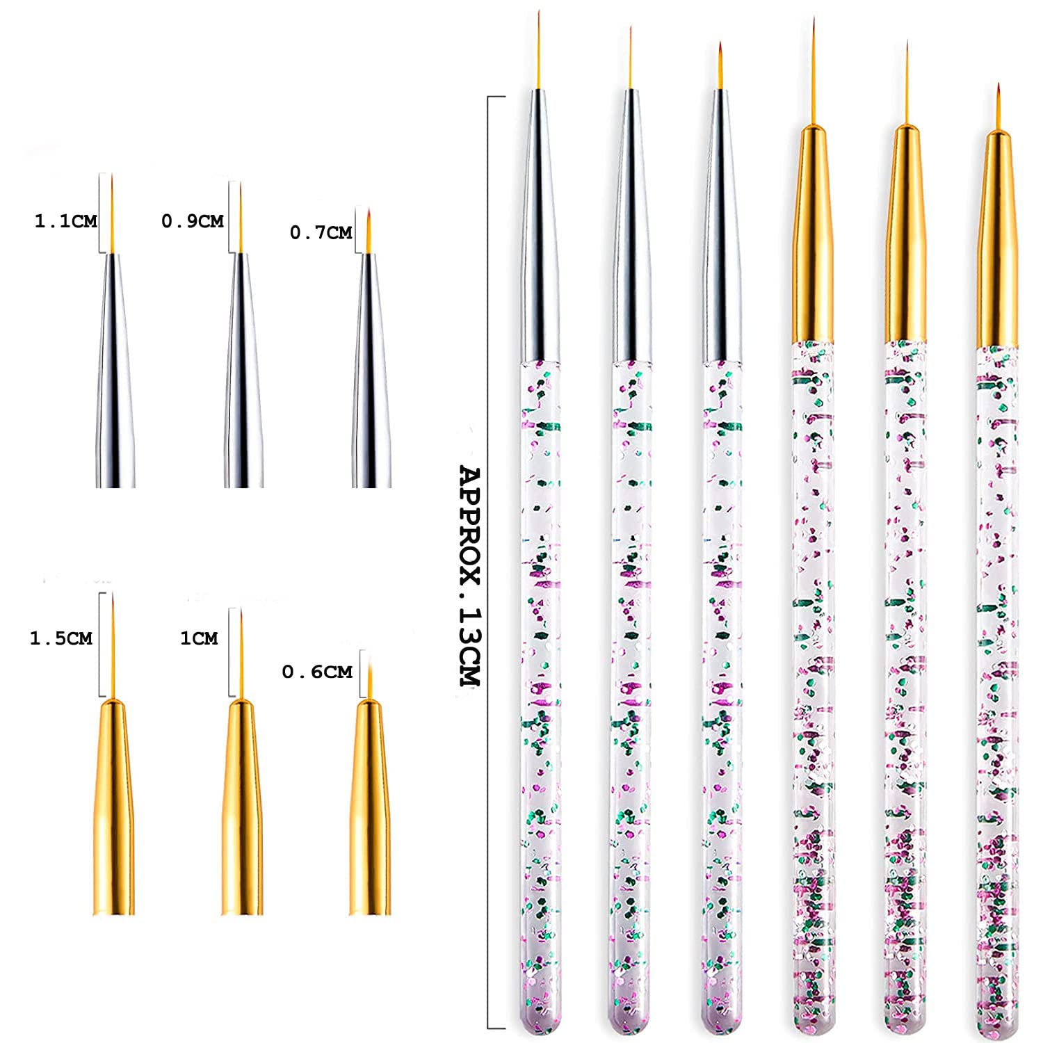 SALOCY Eyeliner Brushes, Fine Point Eye Makeup Gel Eyeliner Brush, Nail Art Brushes for Gel Polish, Silver and Golden,6 Pieces : Beauty & Personal Care