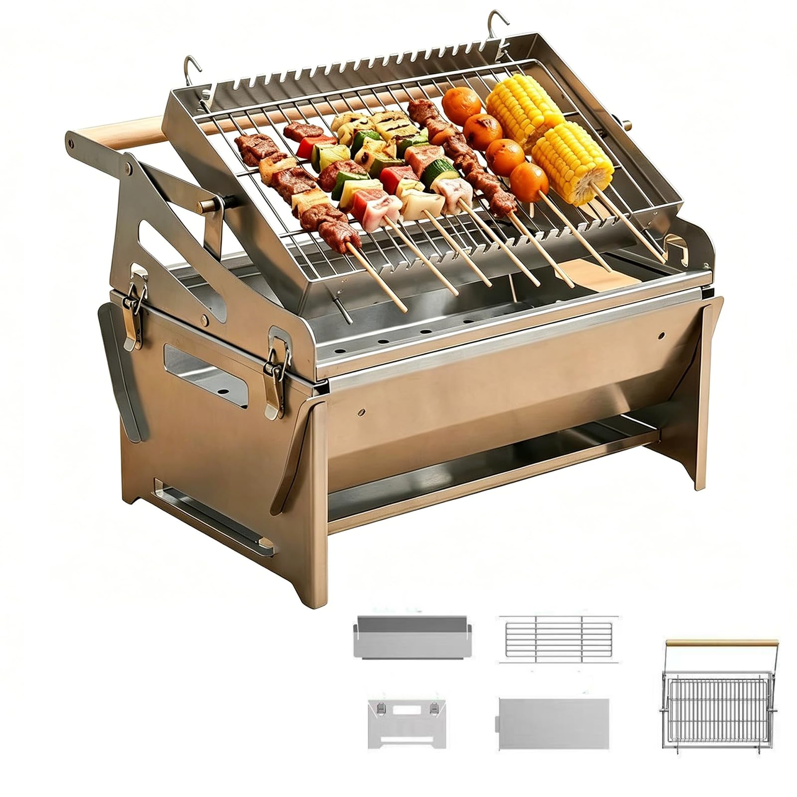 Przenośny grill węglowy z klapką, do grillowania piknikowego | dwustronny ruszt, drewniany termoizolowany uchwyt, boczne drzwiczki popielnikowe i wyjmowane tace ułatwiające czyszczenie