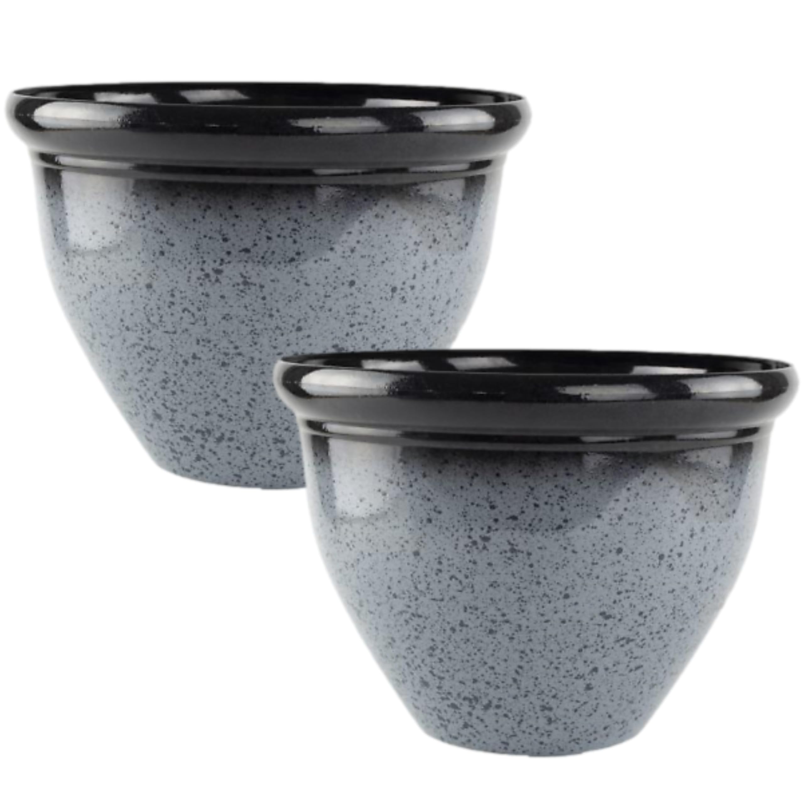 Fyne-Finds Grey Set Of 2 Round Plastic Plant Pot Granite 30Cm, 12Inch Gloss 8.5L Garden Weatherproof Drainage Hole Planter