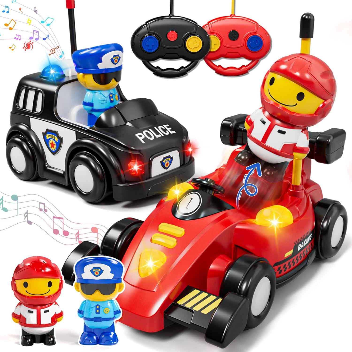 lehoo castle 2 pack remote control car for toddlers 1-3, police car & race car, toddler toys for 2-4 with realistic sound effects & lights, toys for 3 4 5 year old boys girls race & police car