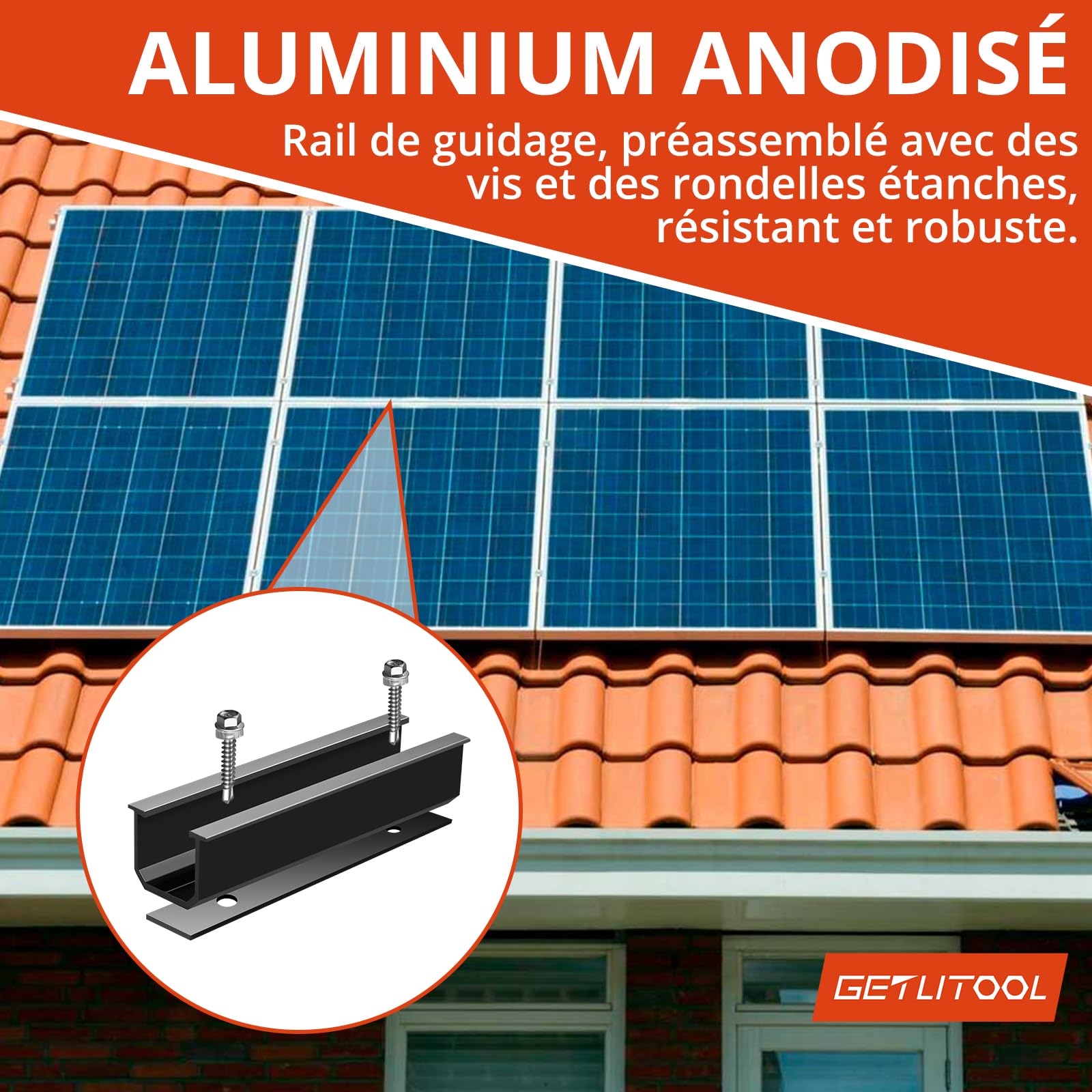 GETLITOOL Supports de Montage de Panneaux Solaires en Aluminium - Kit de 6 Rails 120x25mm 4 Pinces 2 Supports Centraux - Compatible 30/35mm - Étanche&Robuste - Pour Camping-car Maison Bateau - Noir