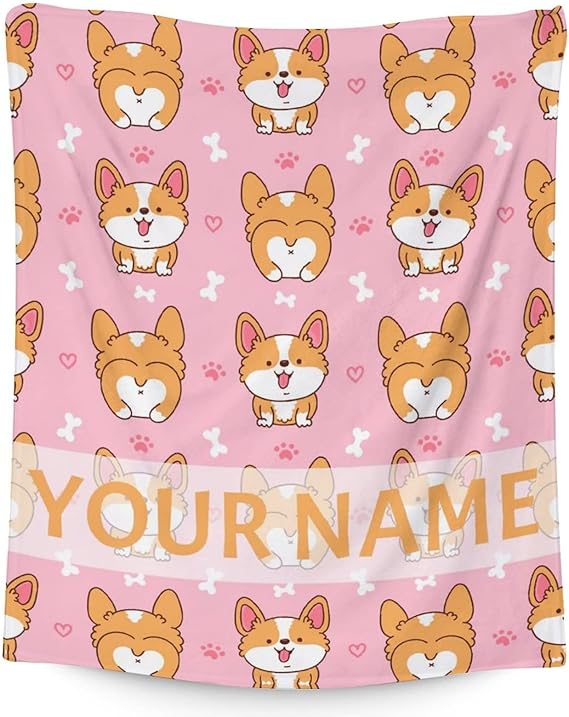 Personalized Corgi Blanket Gifts with Name - 30"x40" Cute Throw for Adults, Kids - Pink Soft Fuzzy Blankets for Couch & Office