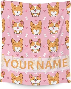 Personalized Corgi Blanket Gifts with Name - 30"x40" Cute Throw for Adults, Kids - Pink Soft Fuzzy Blankets for Couch & Office