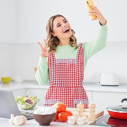 Miniatura 7 de Delantal clásico vintage para mujer, delantal de algodón a cuadros rojo y blanco, babero de chef de cocina para el hogar, Rojo -