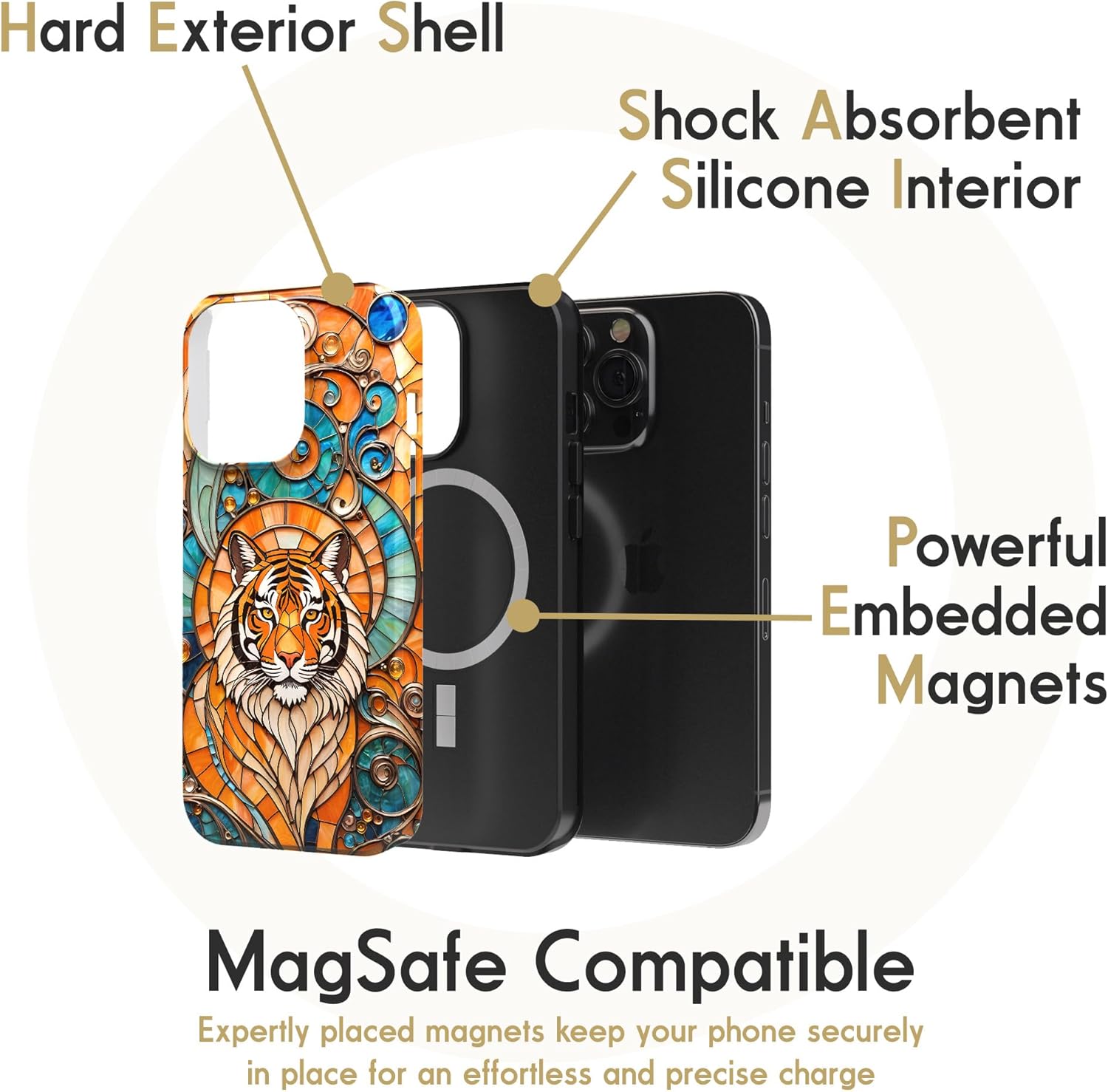 for iPhone 16,15,14,13,12 Plus Pro Max Mini Phone Case | Stained Glass Animals | MagSafe Compatible | Hard Outer Shell with Shock Absorbent Inner Layer (Tiger)