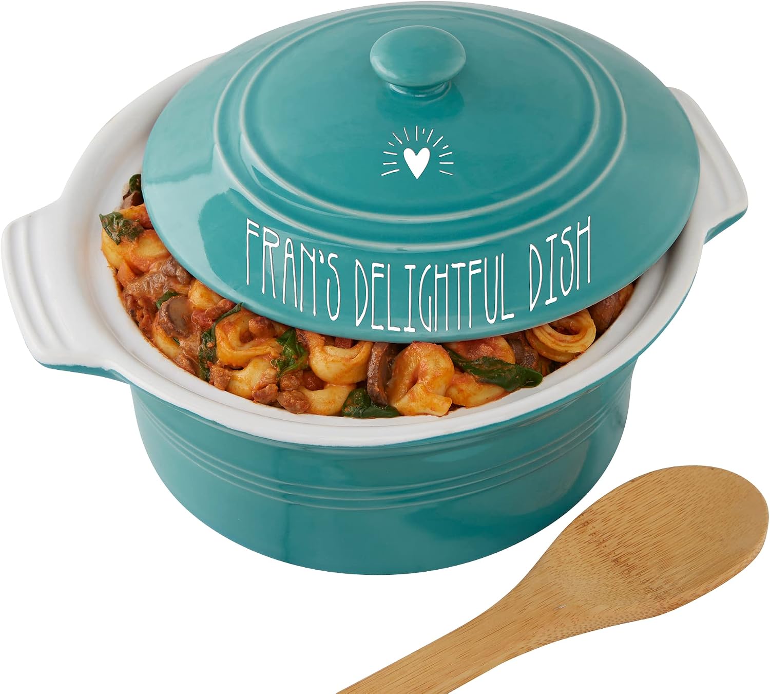 Personalization Universe Made With Love Classic Personalized Round Casserole Dish With Lid - Teal