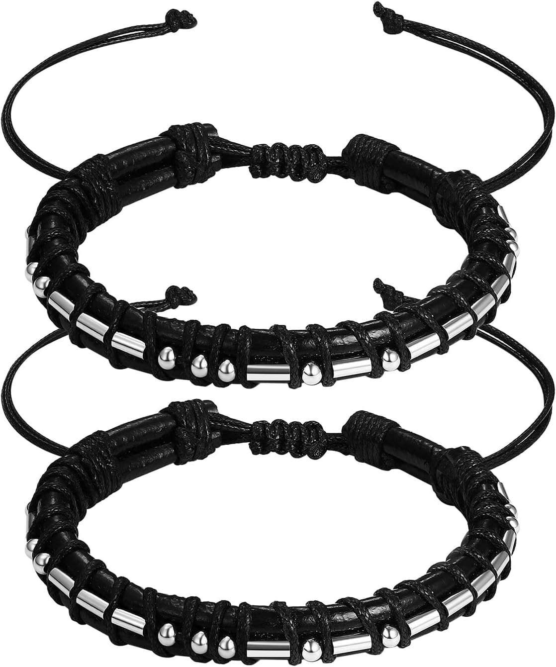 2PCS Morse Code I LOVE YOU Leather Rope Cuff Bracelets for Men Women, His and Hers Leather Adjustable Couple Bracelets
