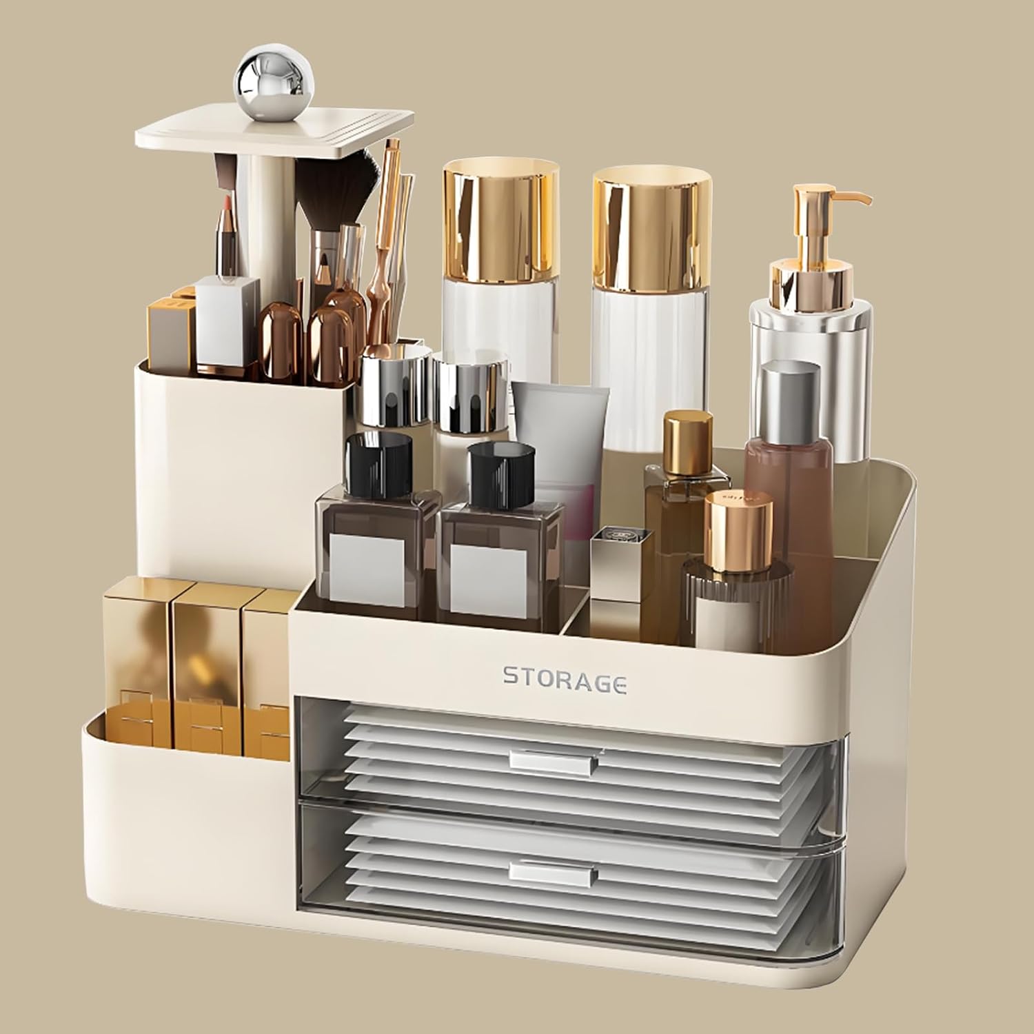 Large Makeup Organizer Countertop with Brush Holder, Make Up Organizer with Drawers, Countertop Makeup Organizers for Vanity, Multi-Functional Makeup Storage Organizer for Skincare, White