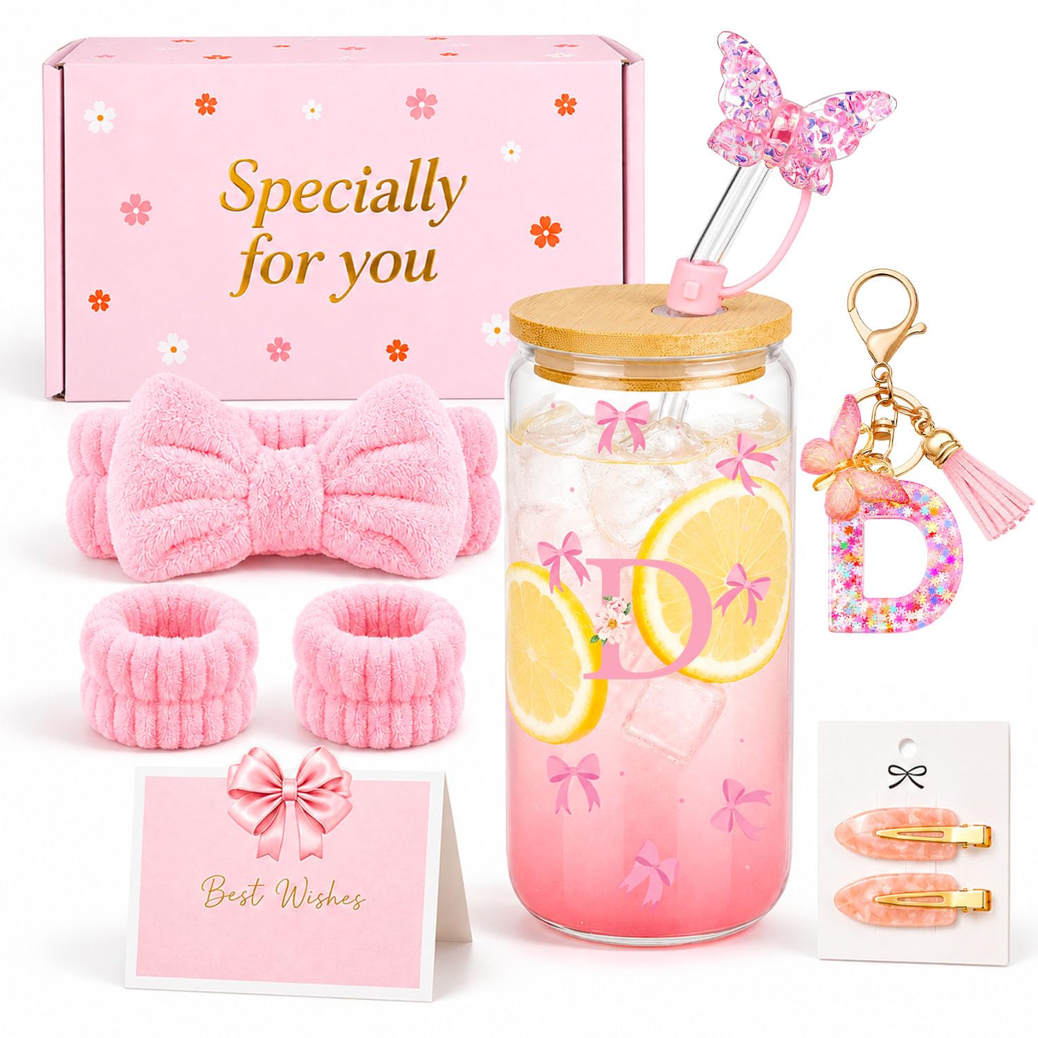 TUZELIYA A-Z Personalised Initial Gifts for Girls - Letter Glass Tumbler Gift Set with Bow Headband, Pink Birthday Gift Set for Teen Girls, Best Friend, Daughter, Sister, Niece, D