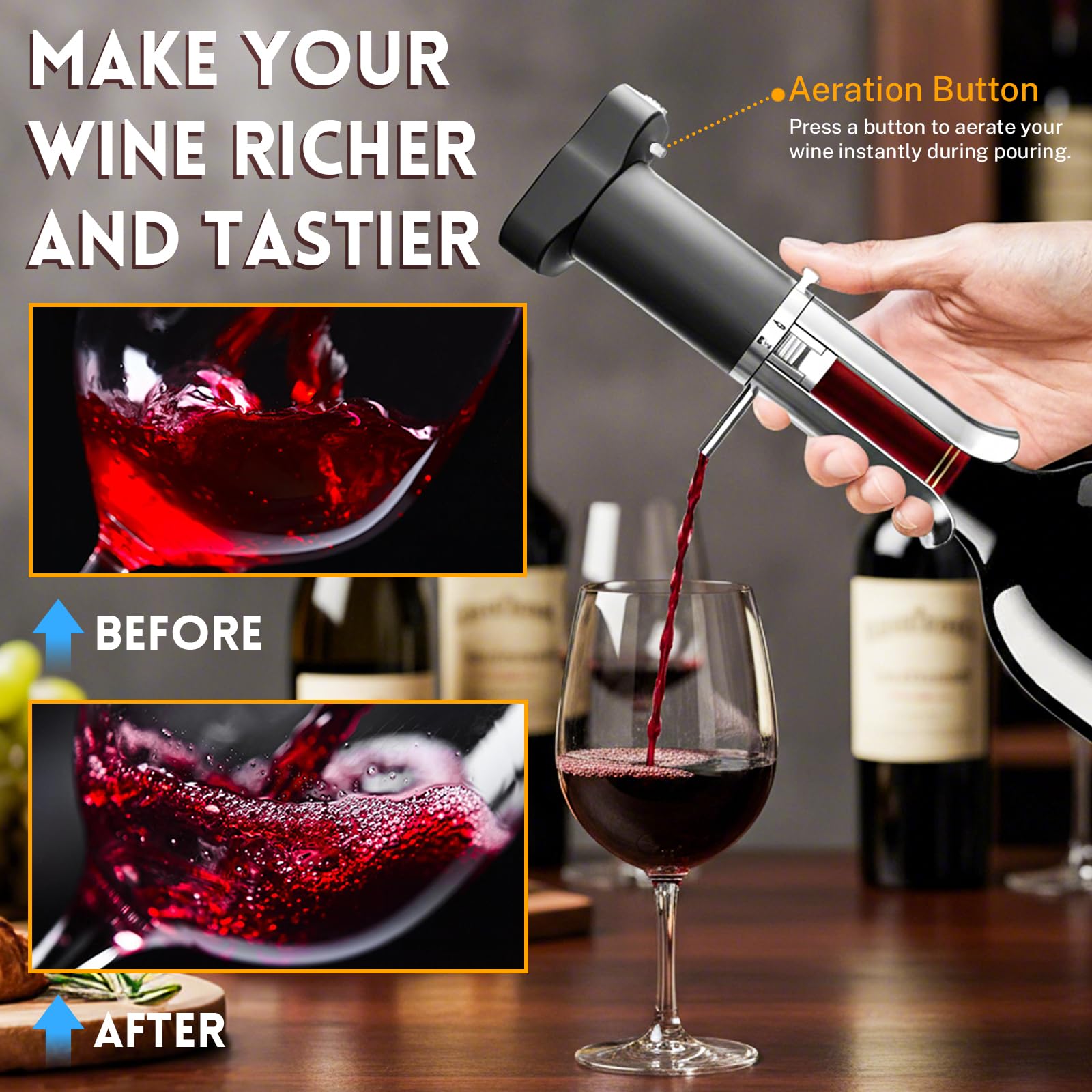 ZONSUSE Aérateur de Vin Électrique, 3-en-1 Distributeur de Vin, Verseur et Carafe Intégrés, Système de Préservation du Vin, Conserve le Vin 10+ Jours, Cadeau pour les Amateurs de Vin (Noir Argent)