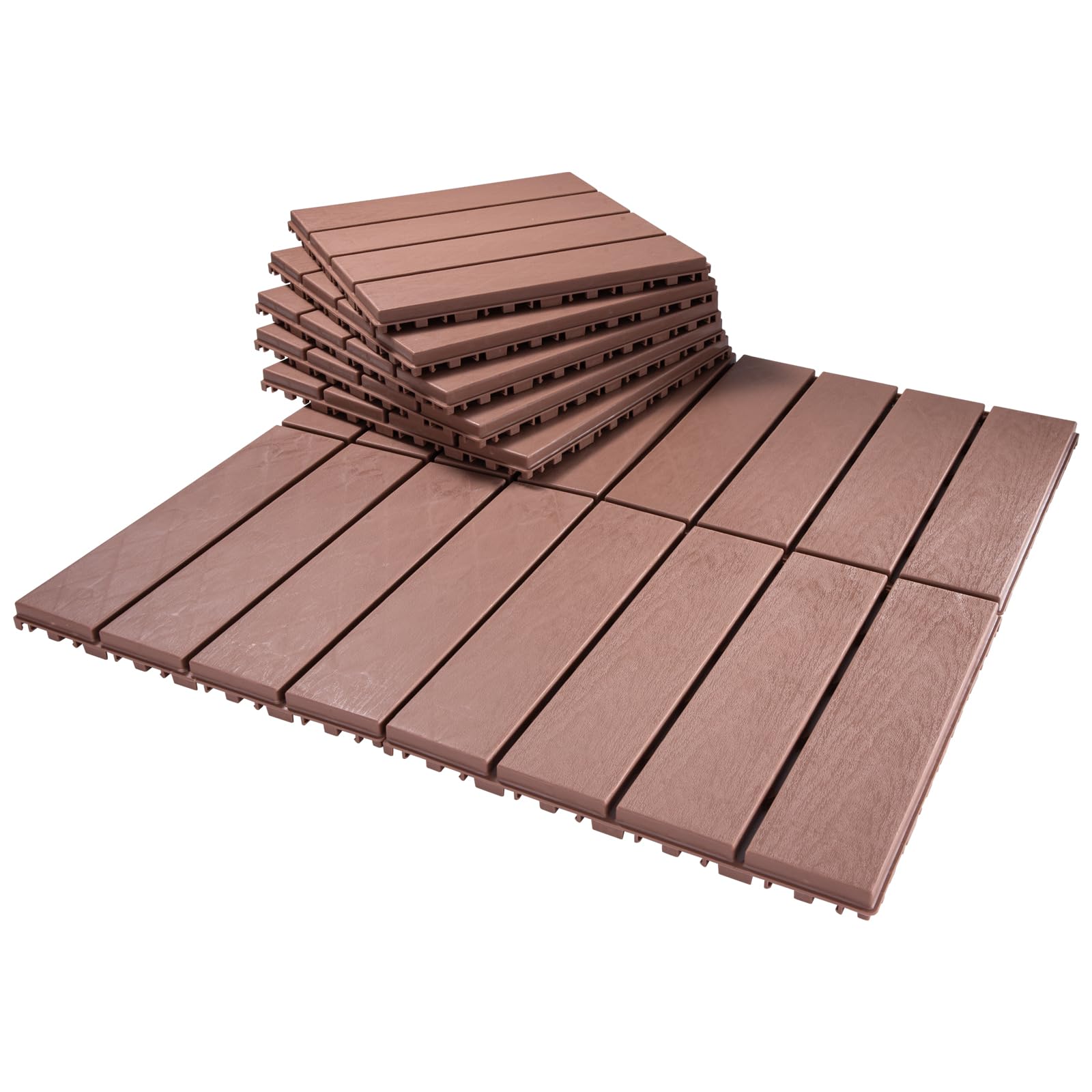 Photo 1 of Spurtar Plastic Interlocking Deck Tiles - 9 Pack 11.3" x 11.3" Decking Tiles Outdoor Waterproof - Interlocking Deck Tiles for Back Yard, Deck Flooring, Pool, Apartment Balcony Decorations, Brown 9 Pack Brown 9