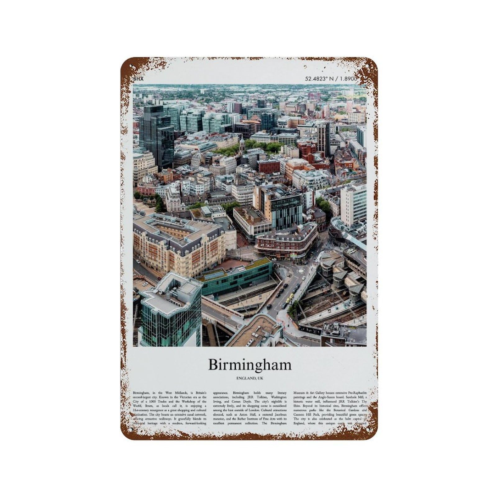 xiaoxiaoshen Birmingham United Kingdom City Scenery Wall Decor Art Metal Tin Poster Modern Home Decor Art Home Bar Shop Decorations Vintage Sign 30x20cm